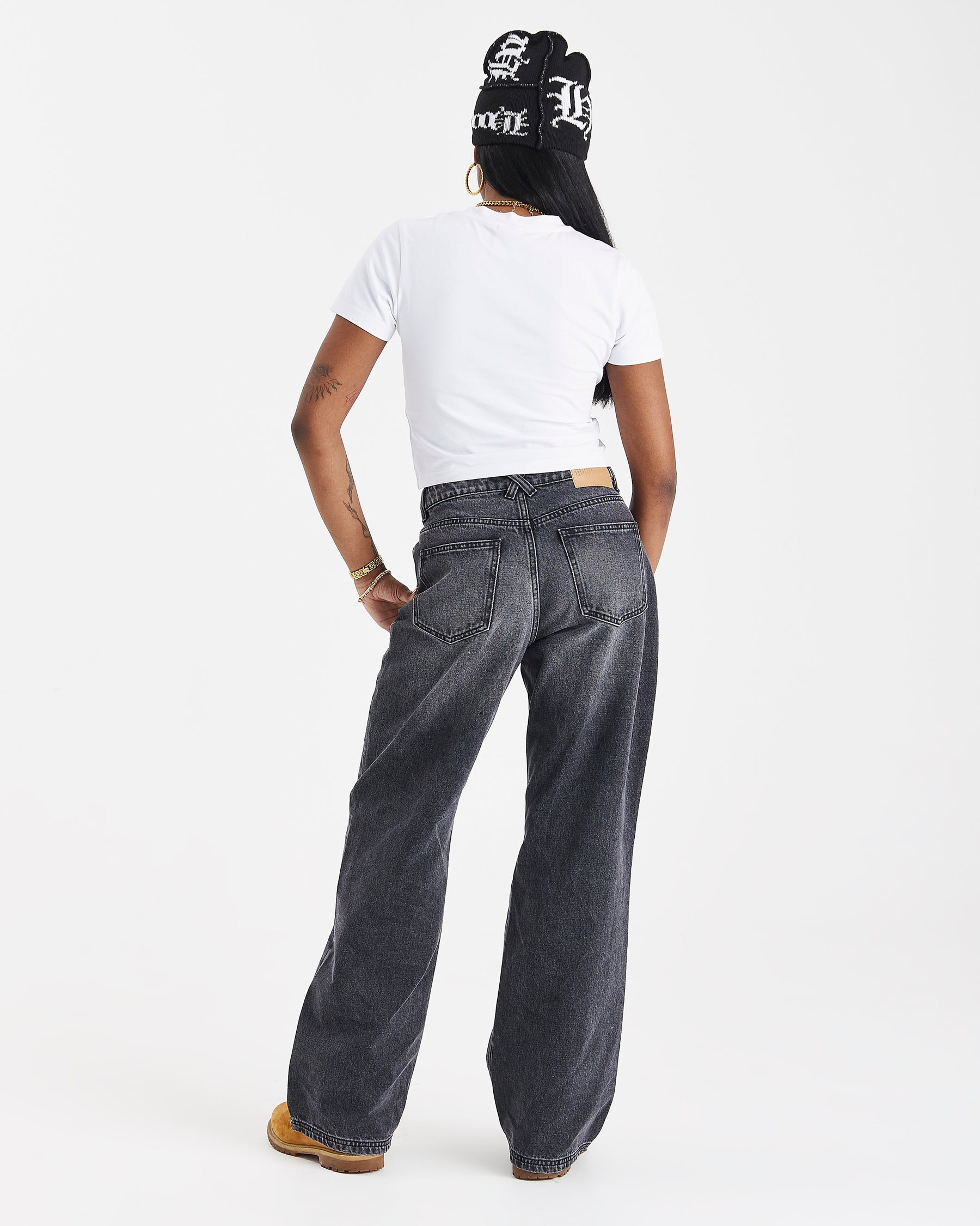 Script Wide Leg Jeans - Black Wash/White
