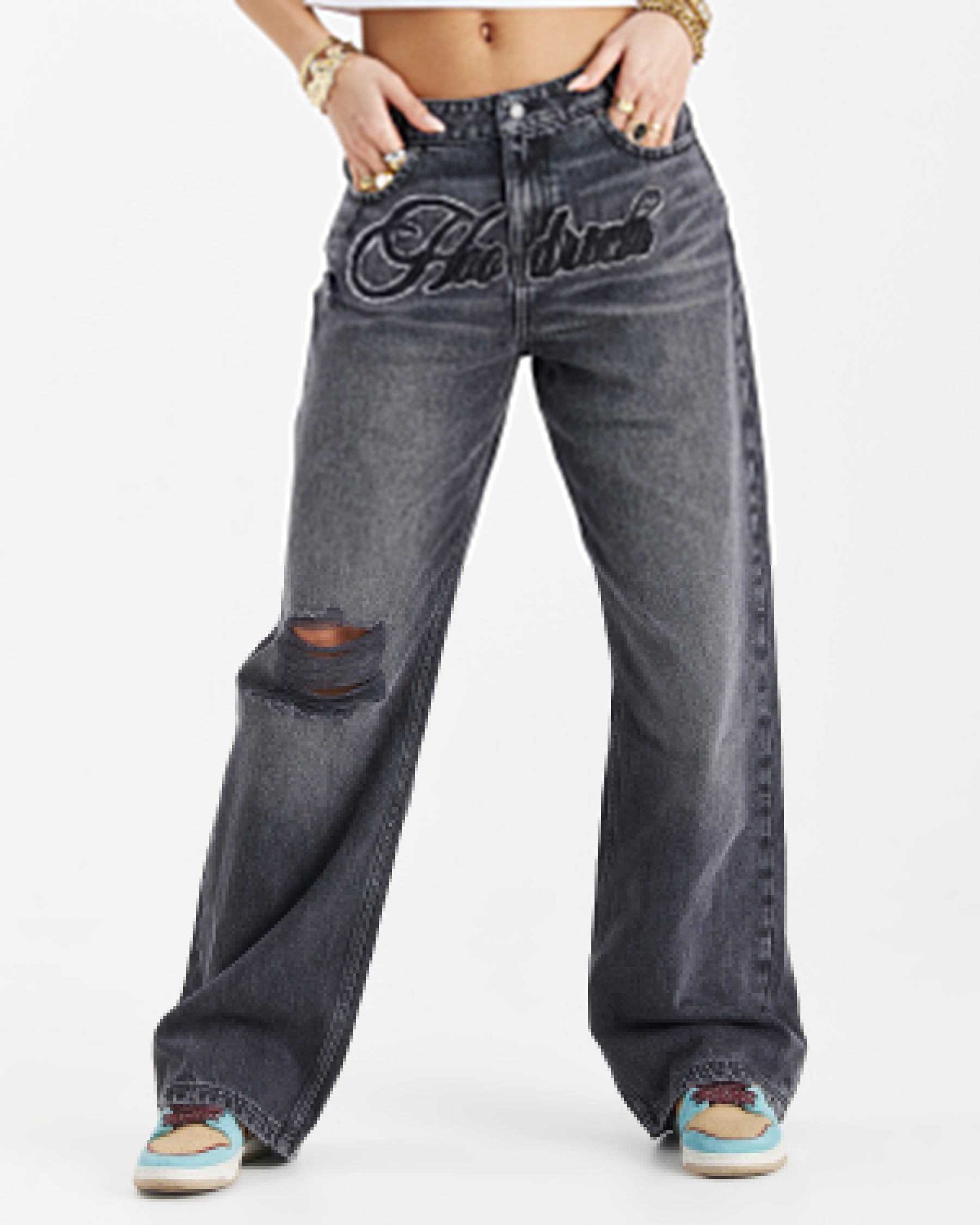 Script Wide Leg Jeans - Black Wash/White