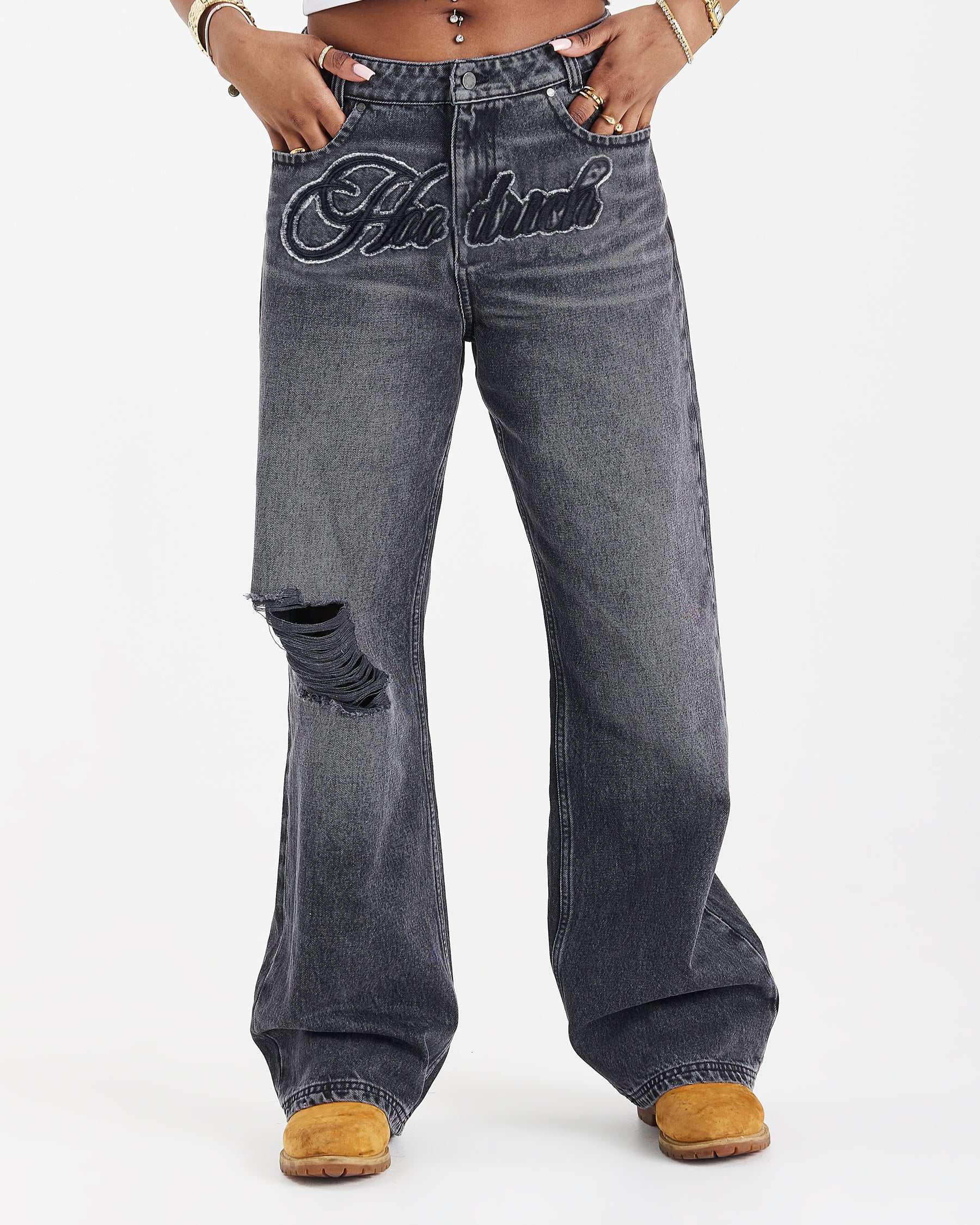 Script Wide Leg Jeans - Black Wash/White