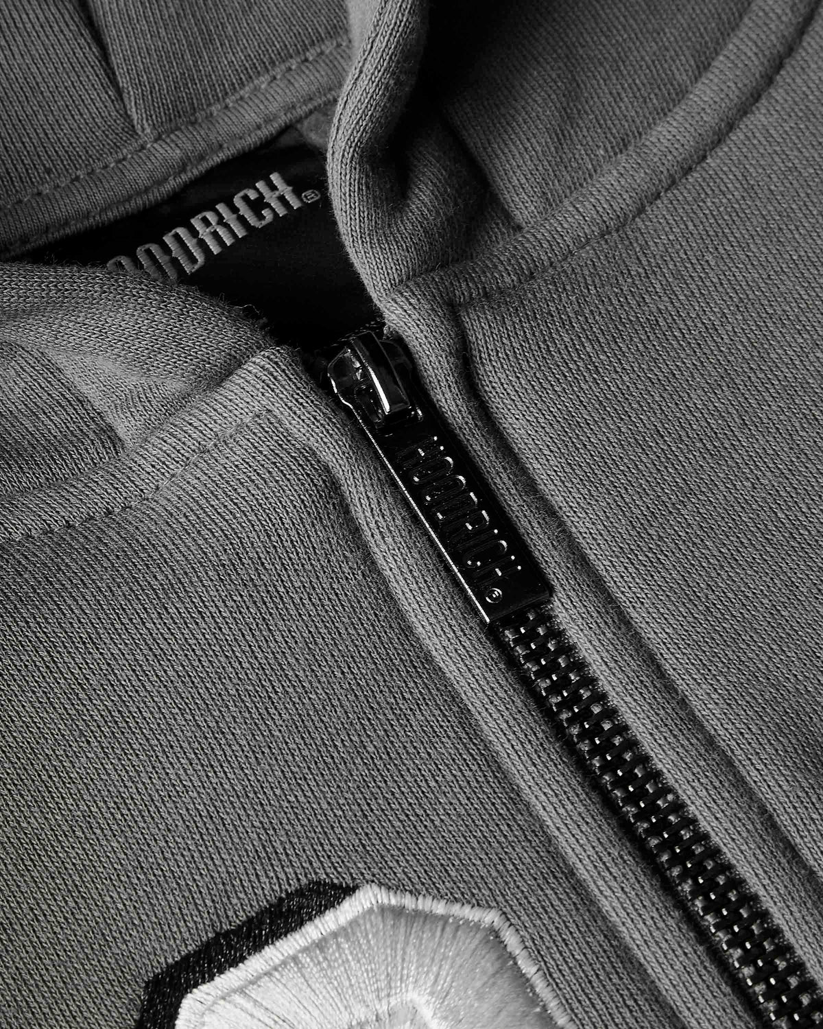Displays the grey lava smoke 'Hoodrich' branded Forza Oversized Zip Through Hoodie featuring the hoodrich branding details