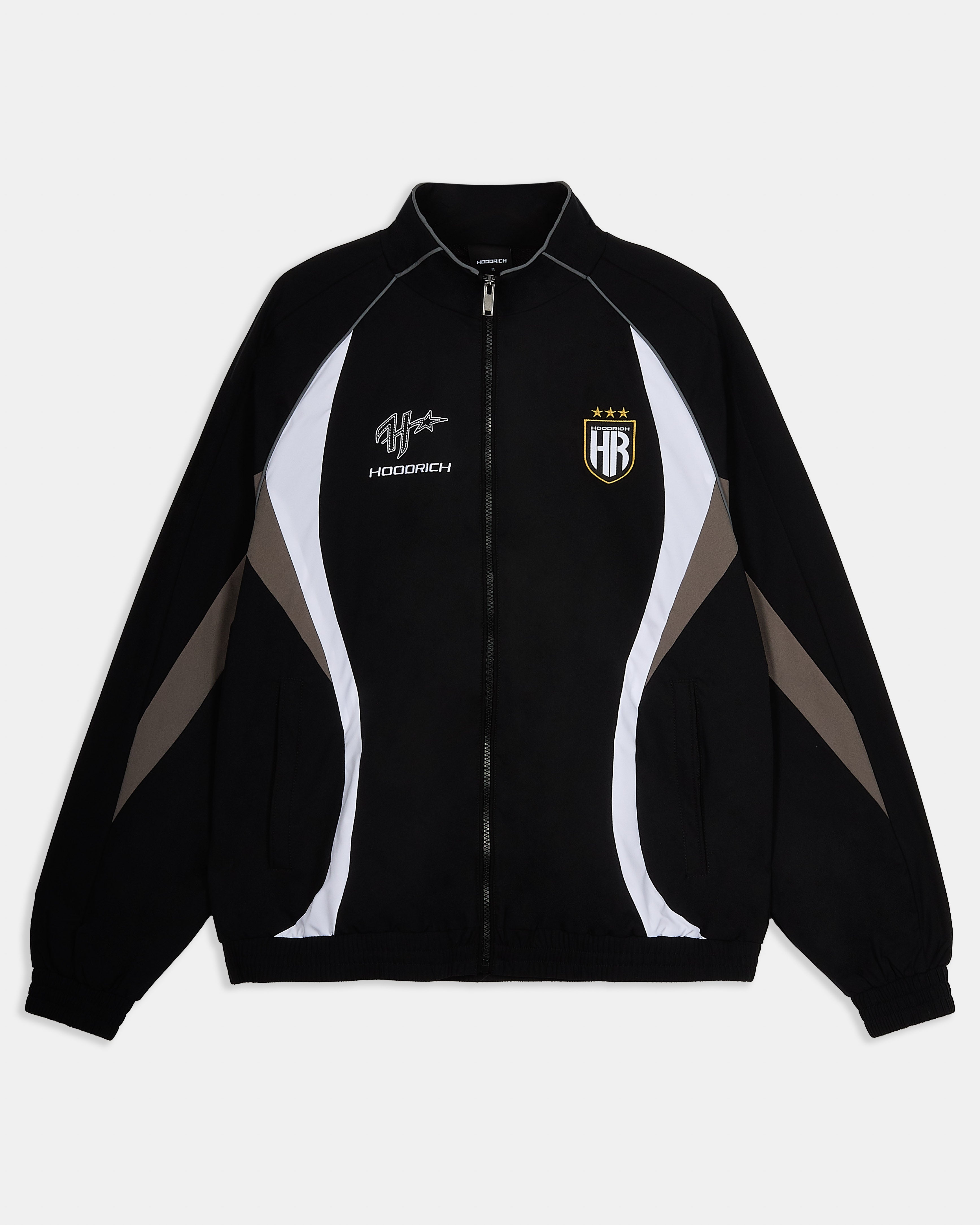 Black jacket with white and gray accents featuring logos on a light gray background