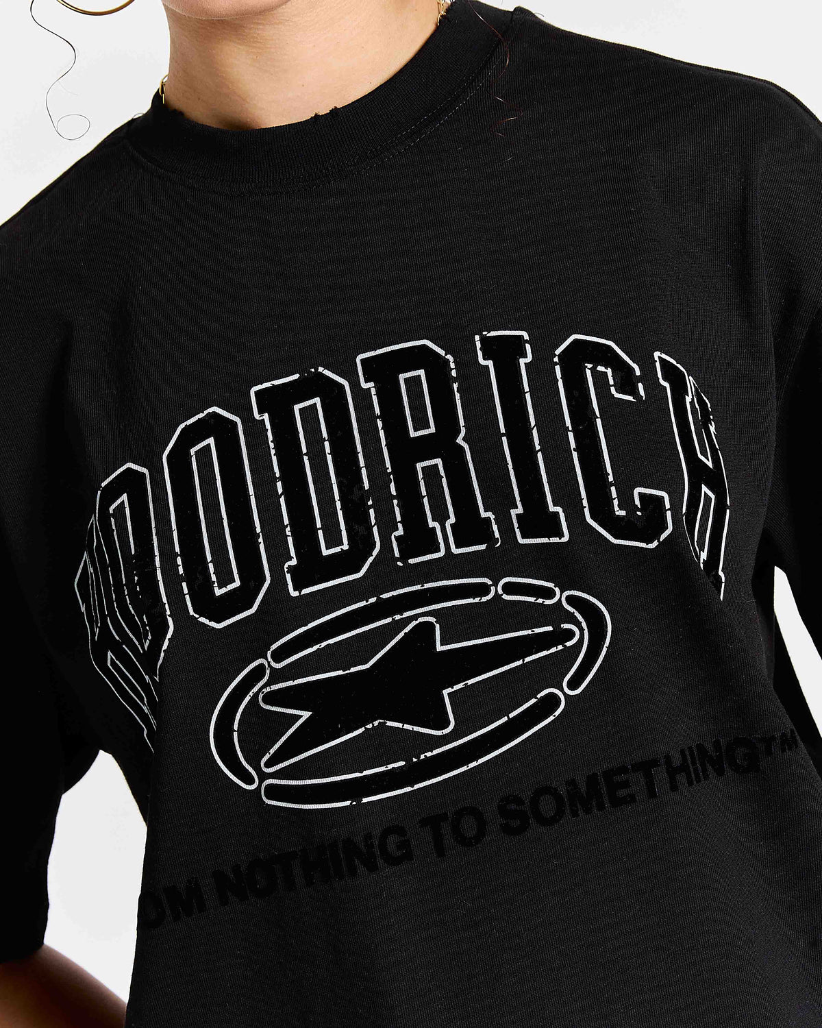 Black sweatshirt with 'Hoodrich' logo and text on a white background