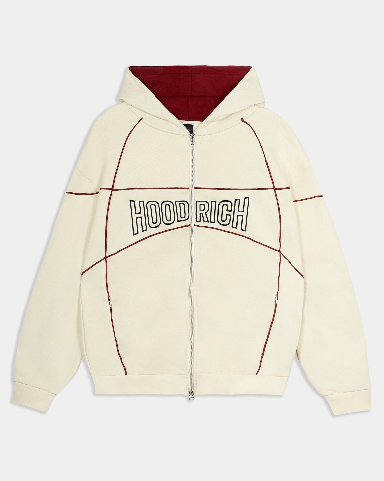 Beige hoodie with 'HOOD RICH' text on a white background