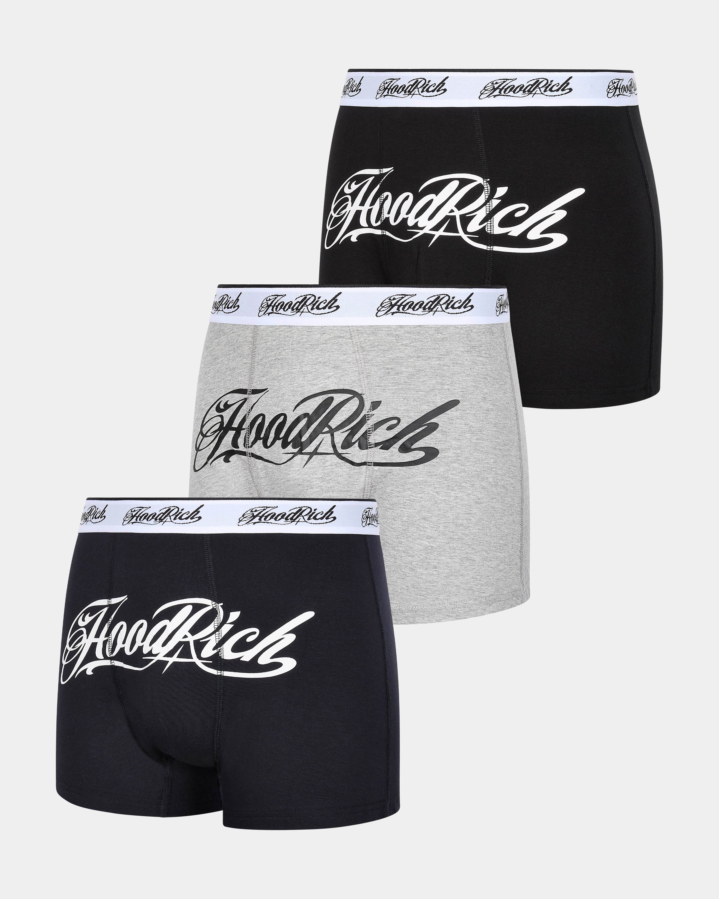 Three pairs of 'Hood Rich' branded boxer briefs in black, gray, and black on a white background.