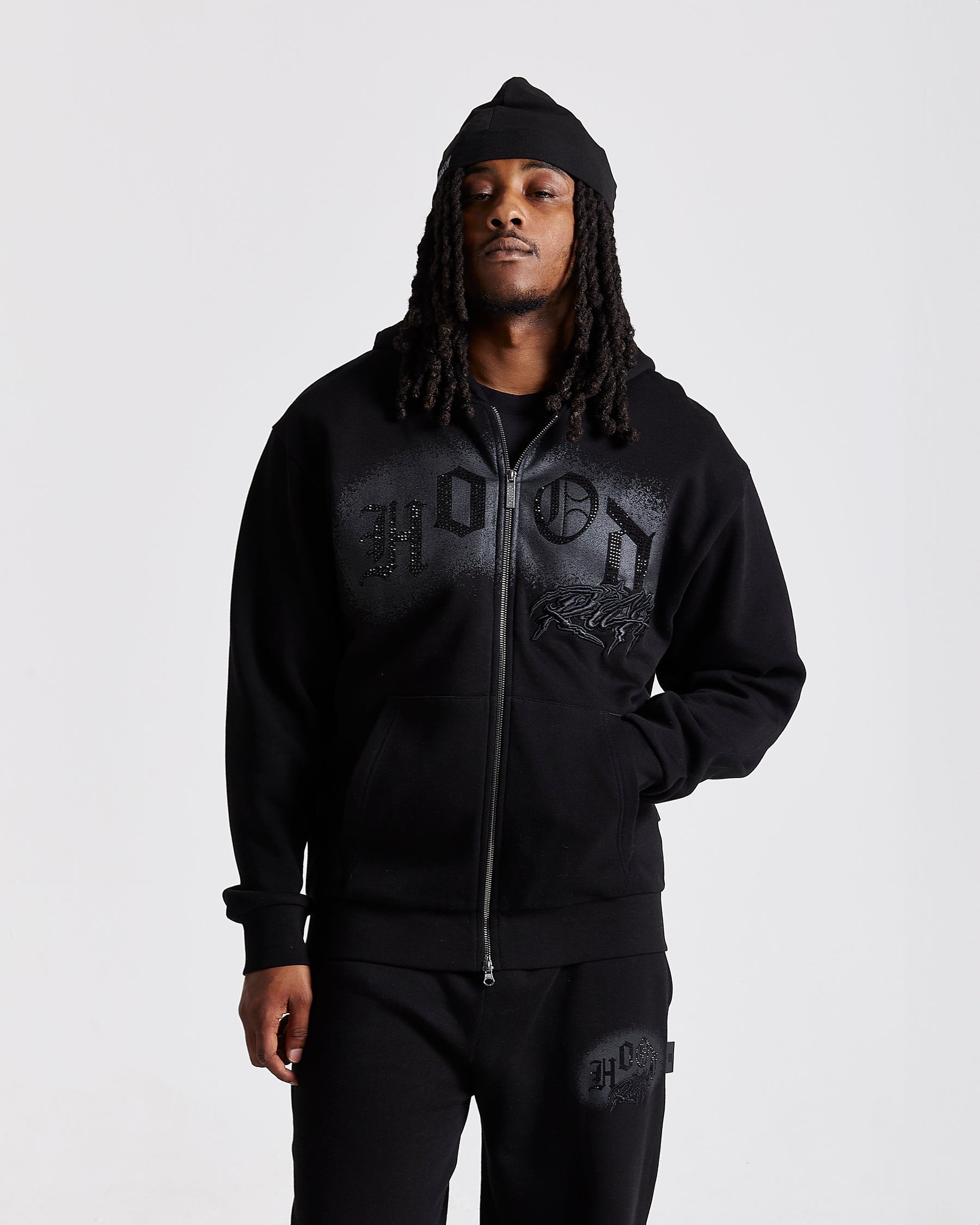Iron Oversized Zip Hoodie - Black/Rhinestones