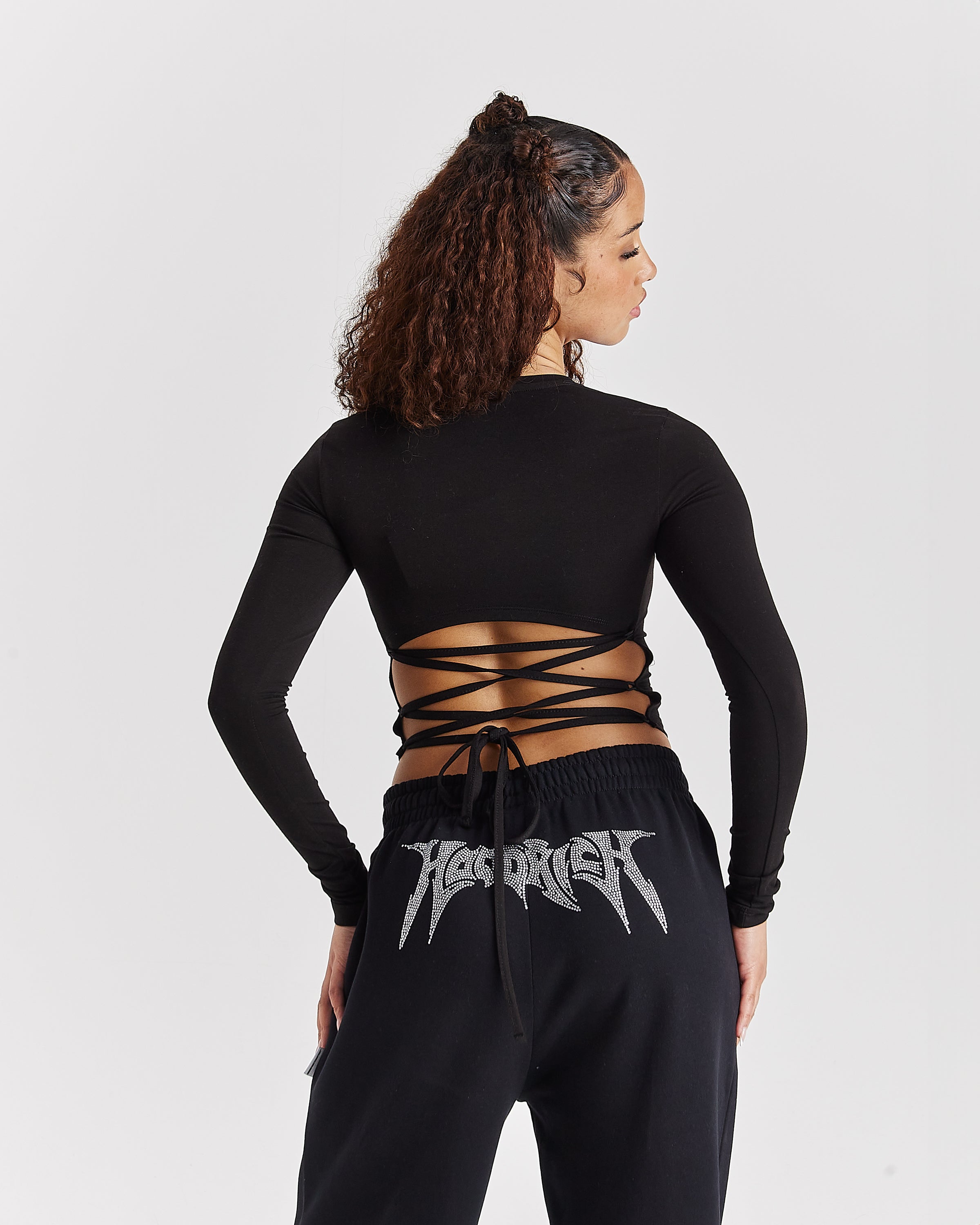 Quartz Tie Back Long Sleeve Tee - Black/Rhinestone