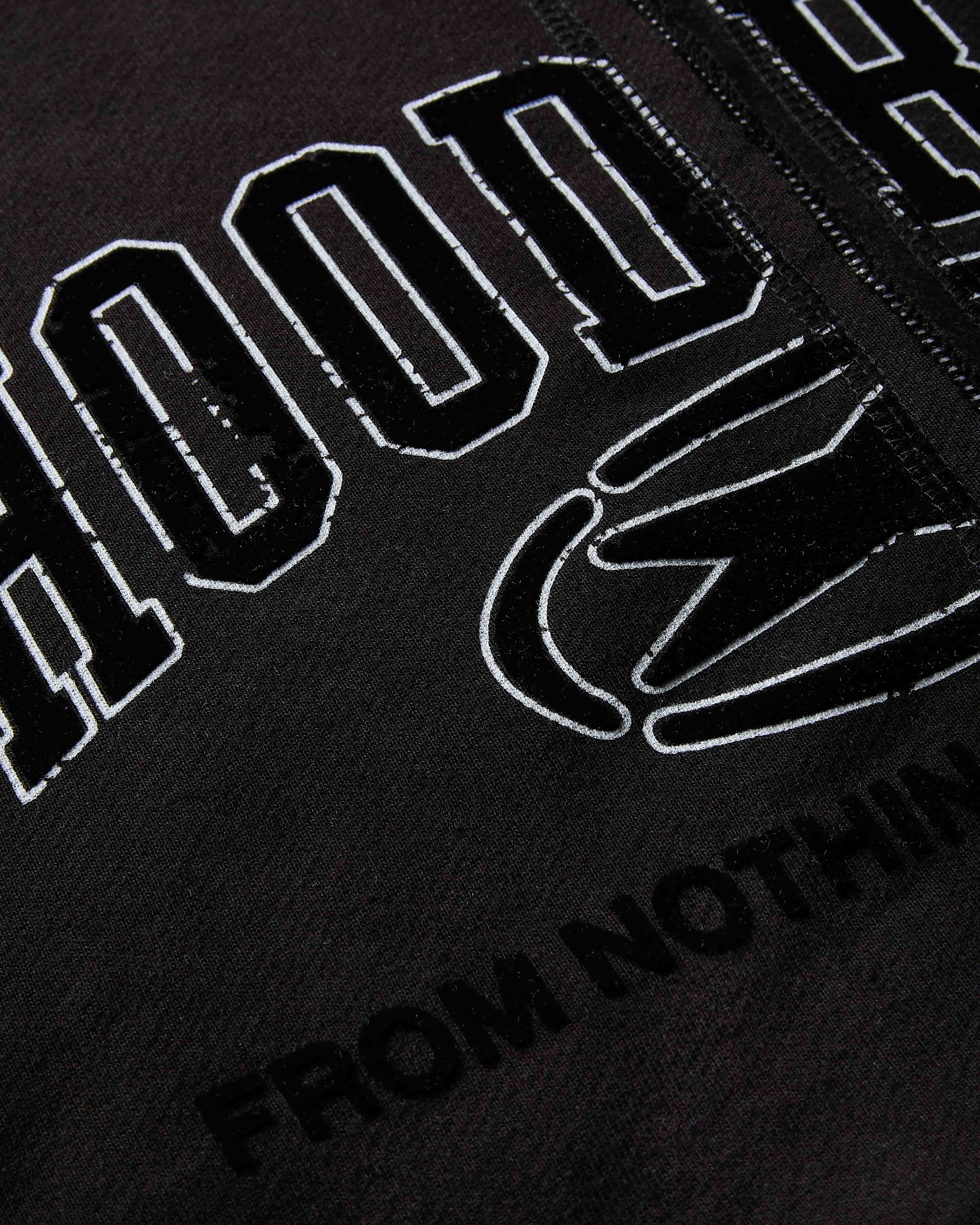 Black hoodie with white text and graphics on a black background