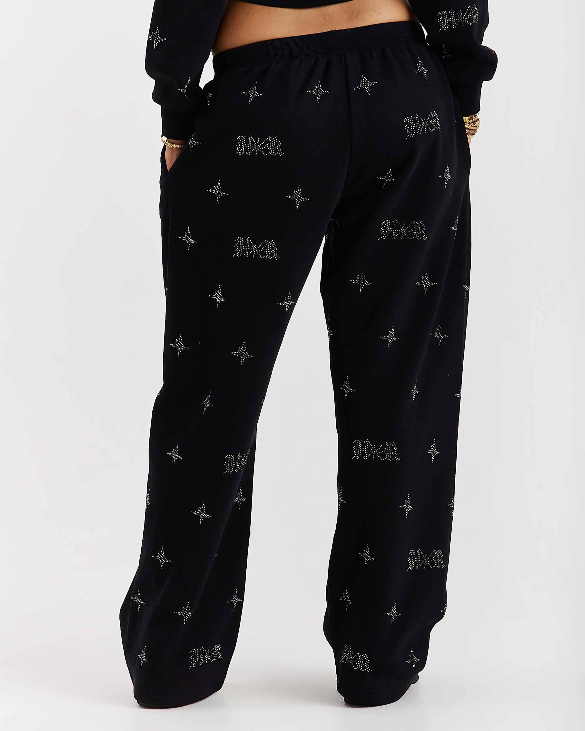 Razor Oversized Wide Leg Joggers - Black/Rhinestone