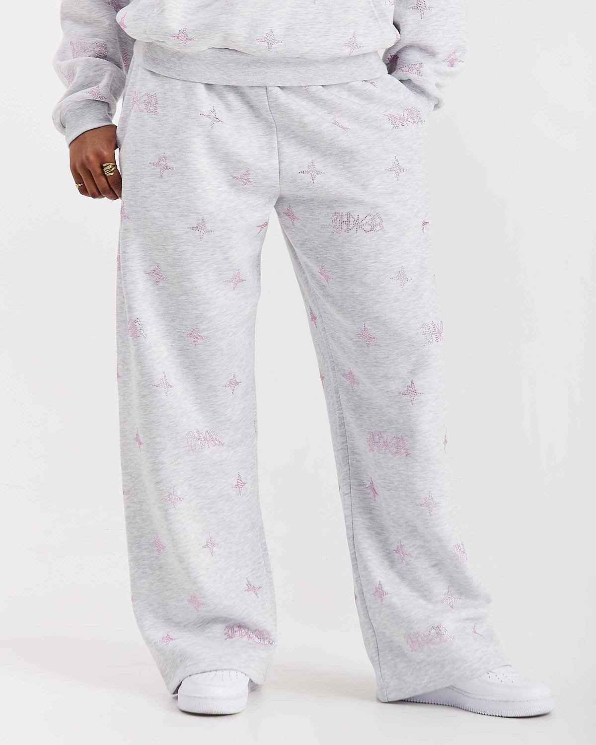 Razor Oversized Wide Leg Joggers - Light Grey/Rhinestone