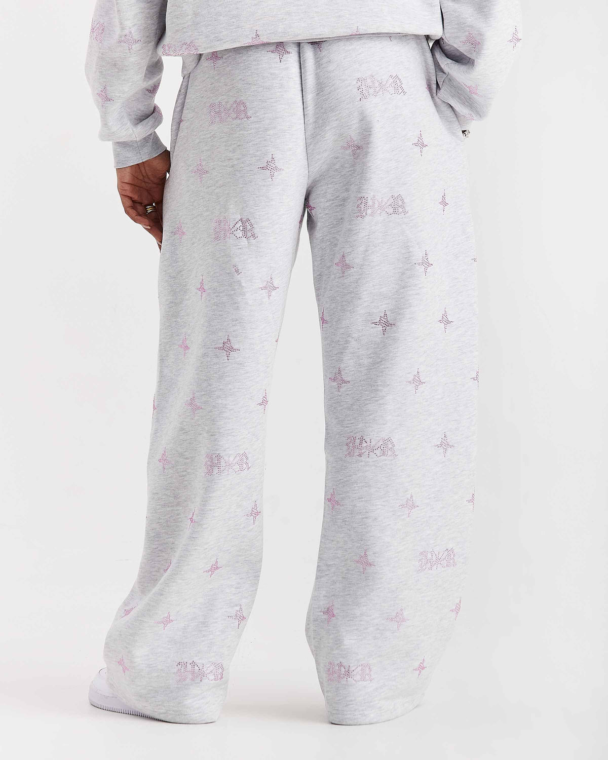 Razor Oversized Wide Leg Joggers - Light Grey/Rhinestone