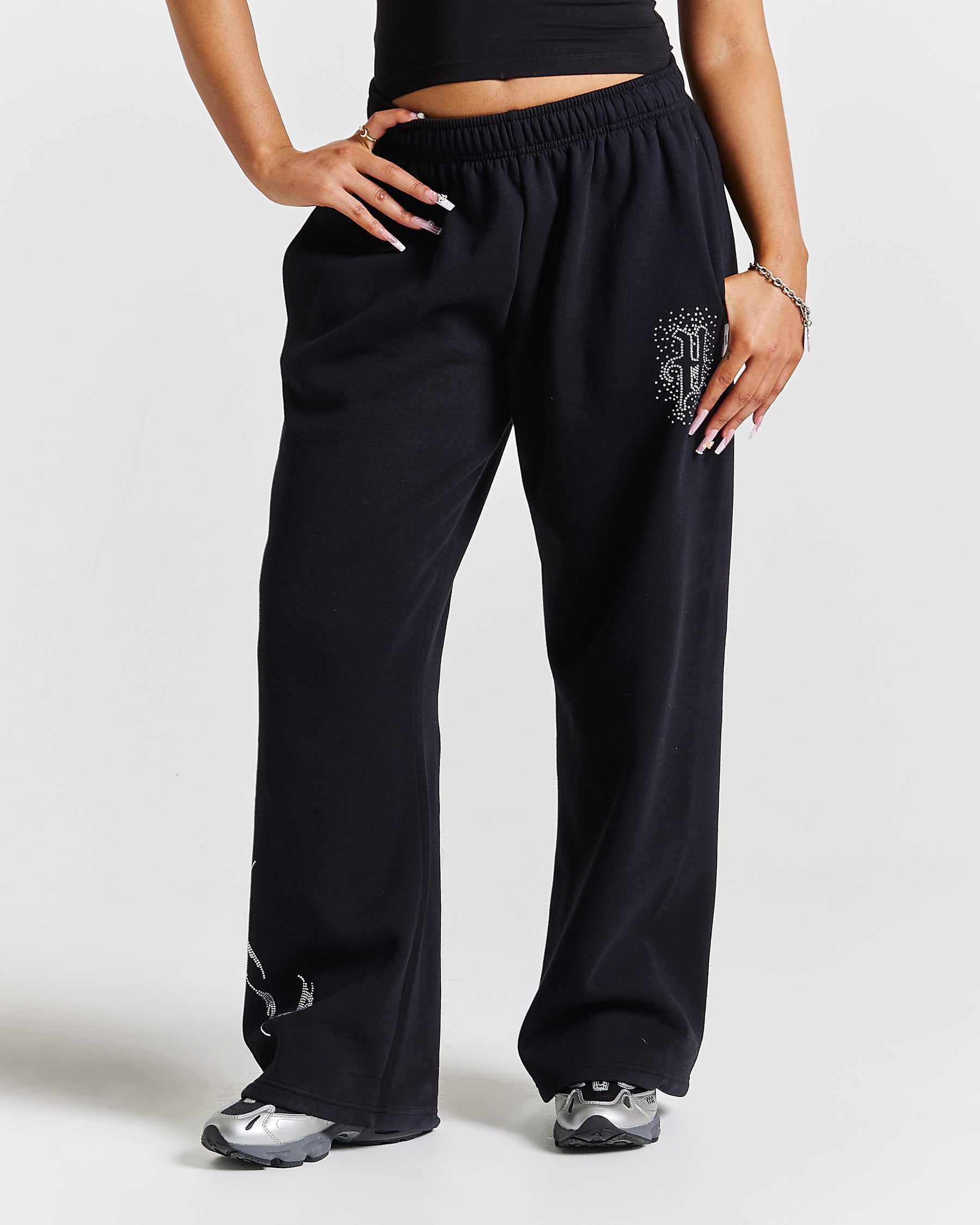 Diffuse Oversized Wide Leg Jogger - Black/Rhinestones