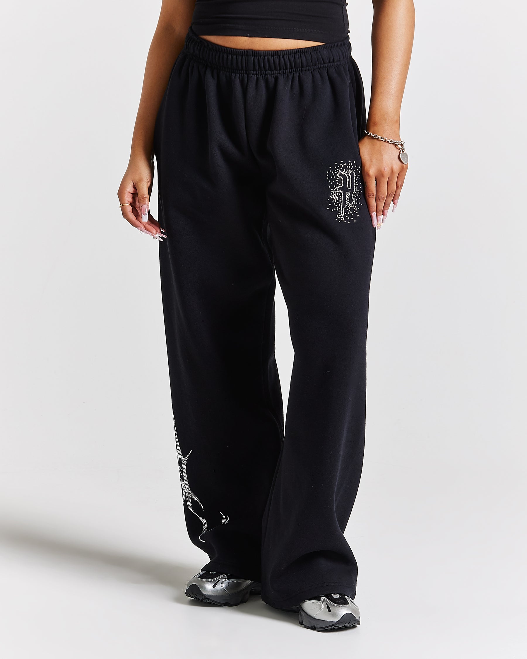 Diffuse Oversized Wide Leg Jogger - Black/Rhinestones