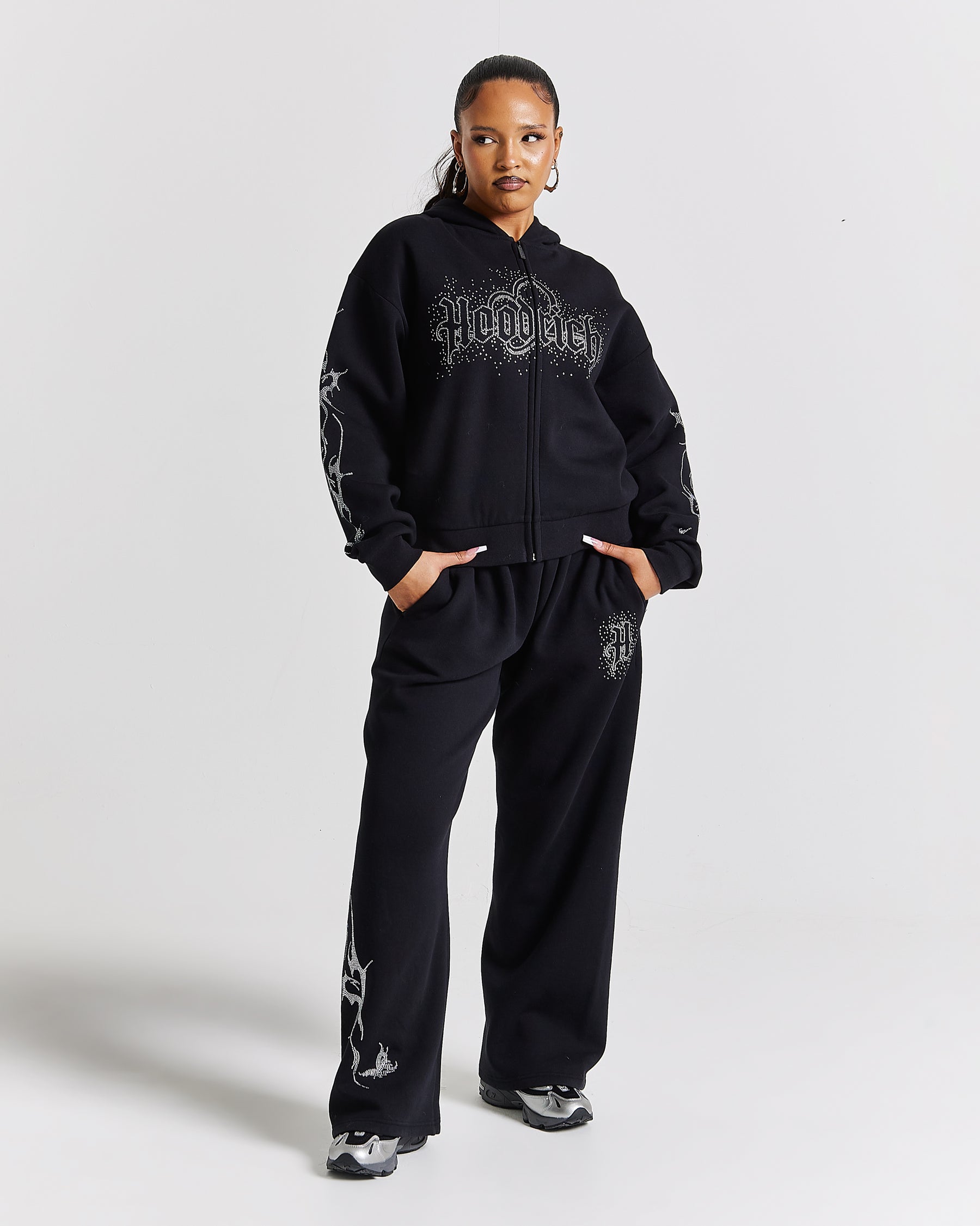 Diffuse Oversized Wide Leg Jogger - Black/Rhinestones