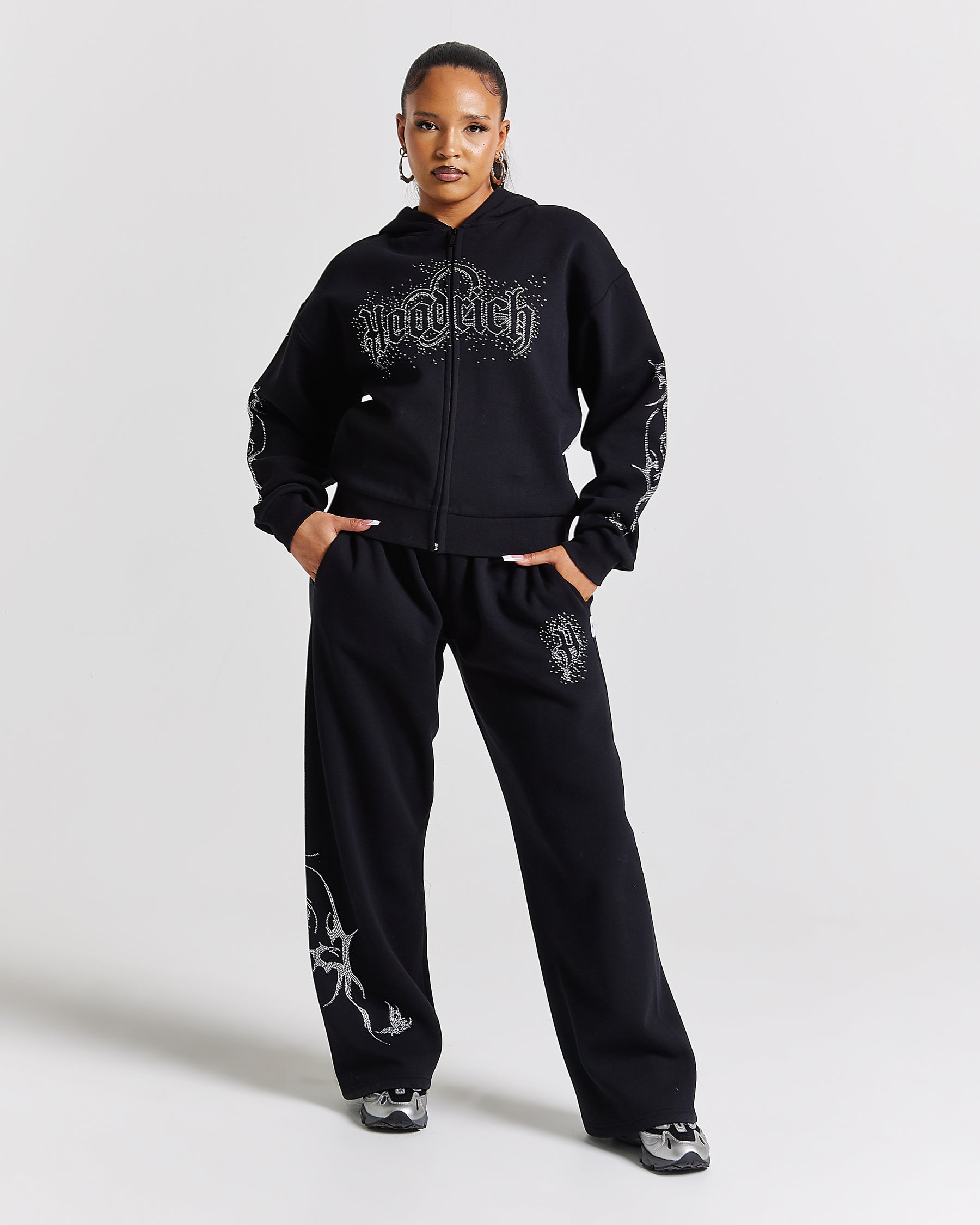 Diffuse Oversized Wide Leg Jogger - Black/Rhinestones