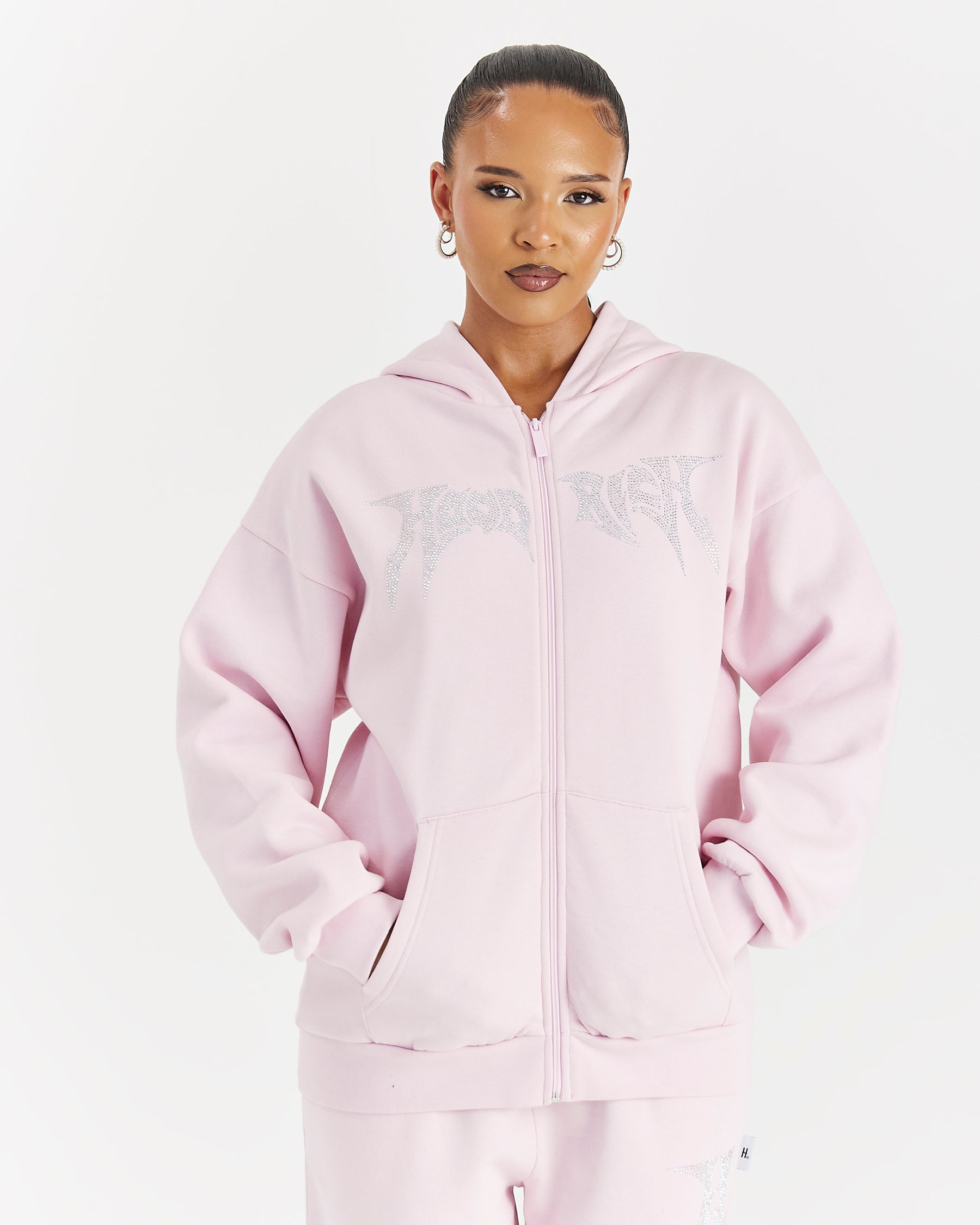 Lustre Oversized Zip Hoodie - Pink/Rhinestone