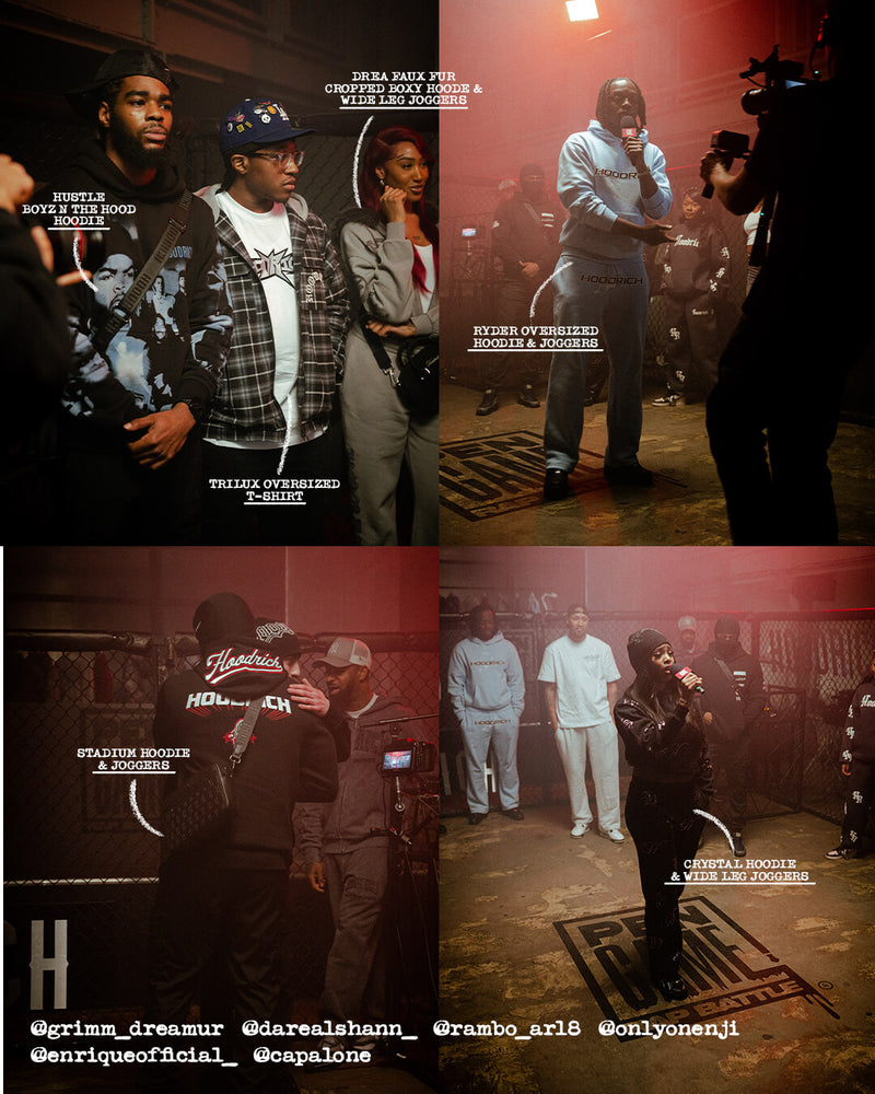 A four-panel collage showing hip-hop artists in various streetwear outfits, with text overlays naming the hoodrich products that are featured within the image.