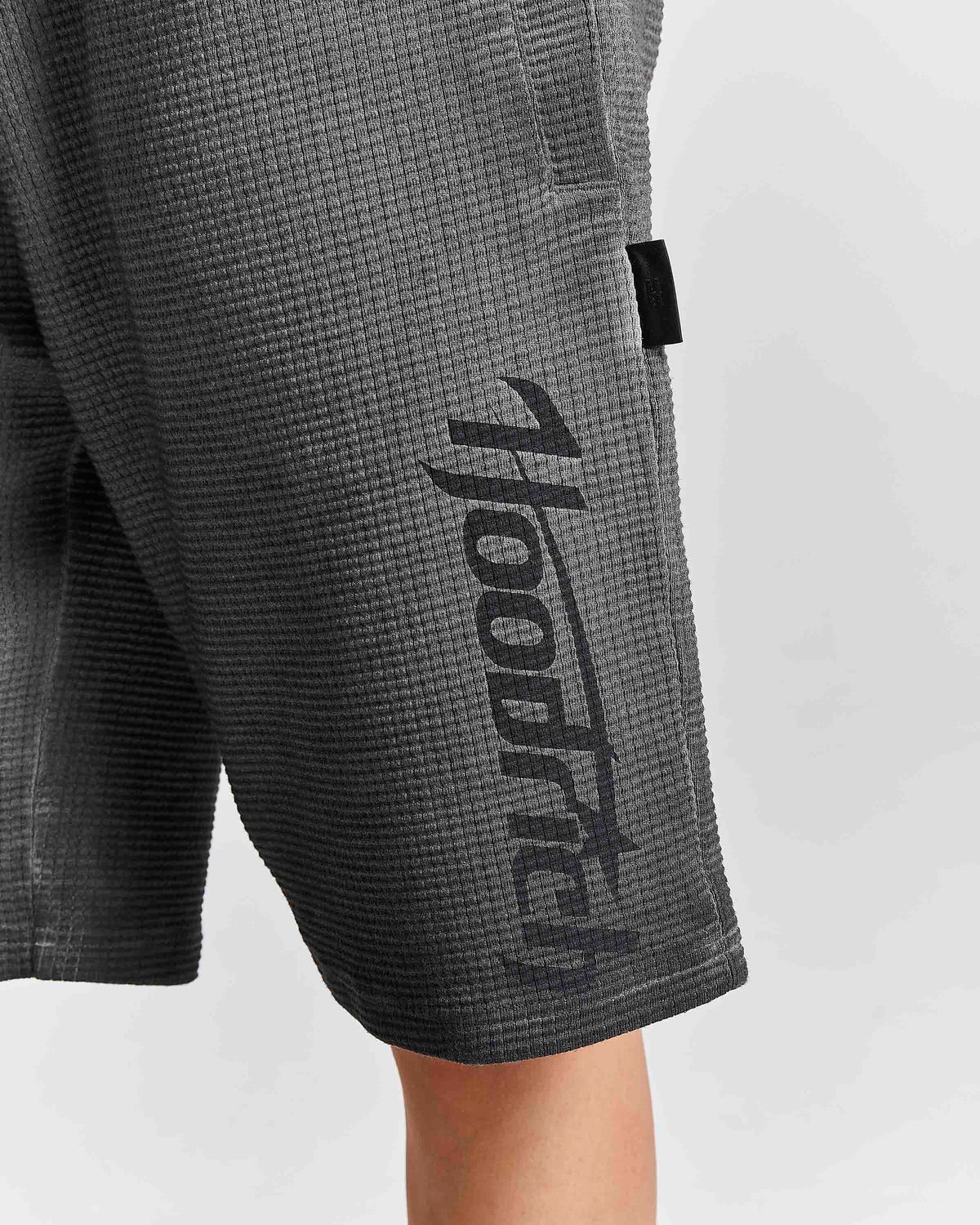 Close-up of dark gray waffle-knit shorts with a large black vertical 'hoodrich' logo printed on the side, worn by a model against a light gray background.