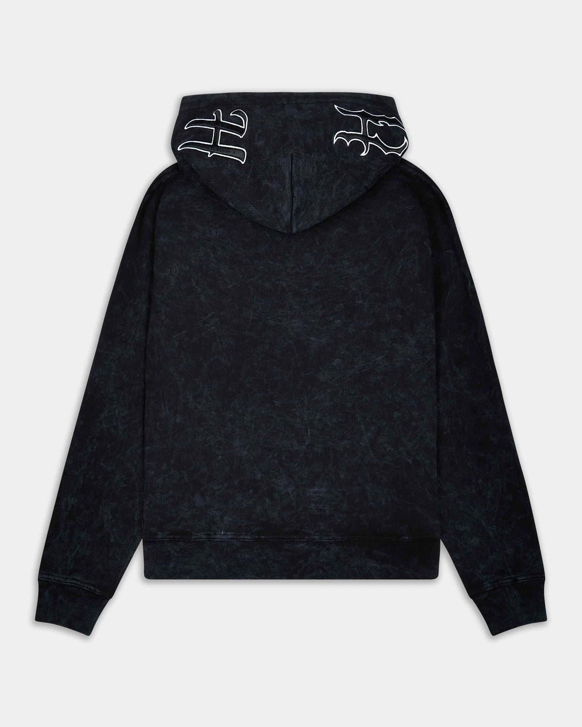 A dark navy hooded sweatshirt with a subtle mottled texture, featuring white graphic lettering on both hood panels, shown from the back against a light gray background.