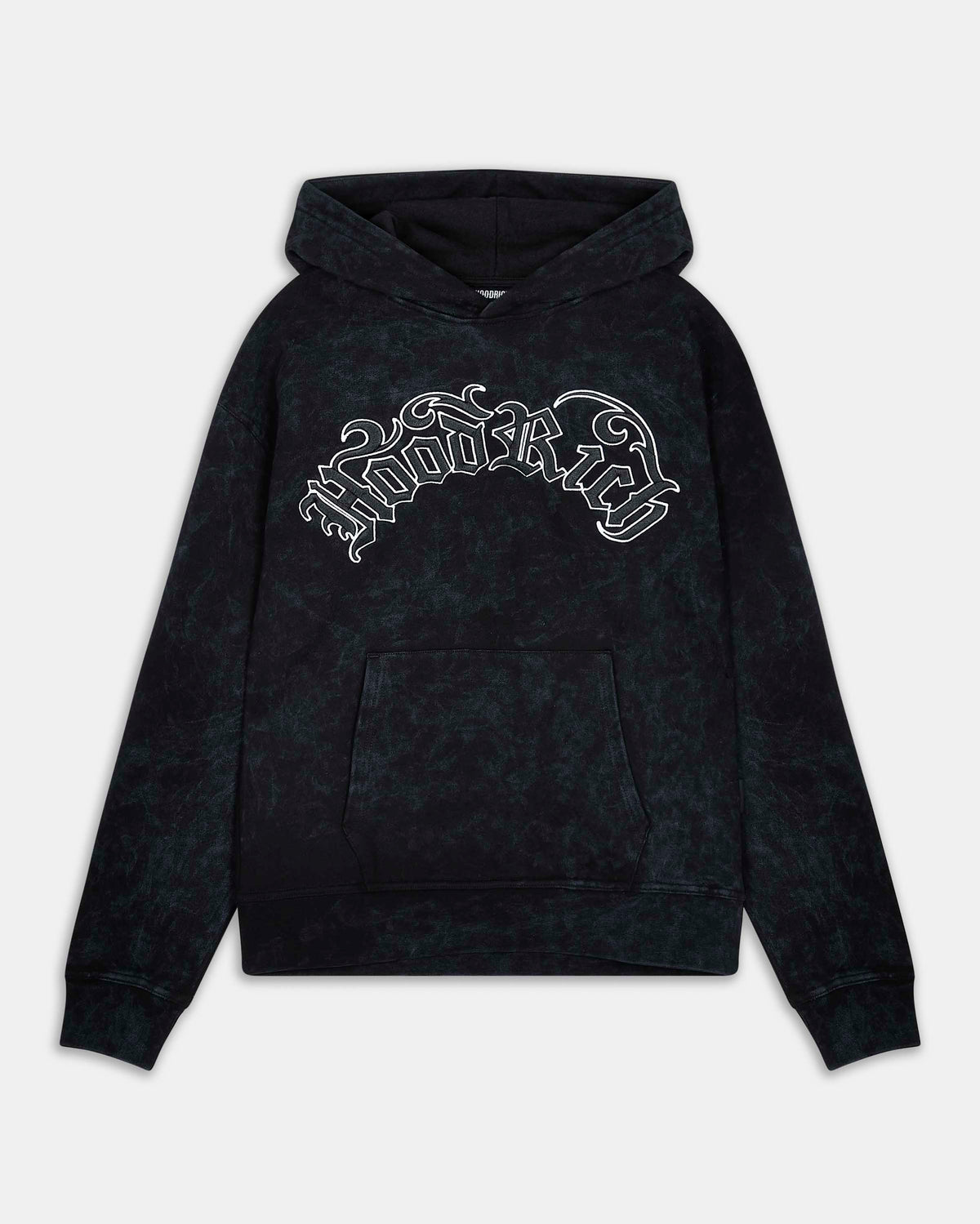 A black acid-wash pullover hoodie with a white gothic-style 'Invisible' graphic across the chest, displayed on a light gray background.