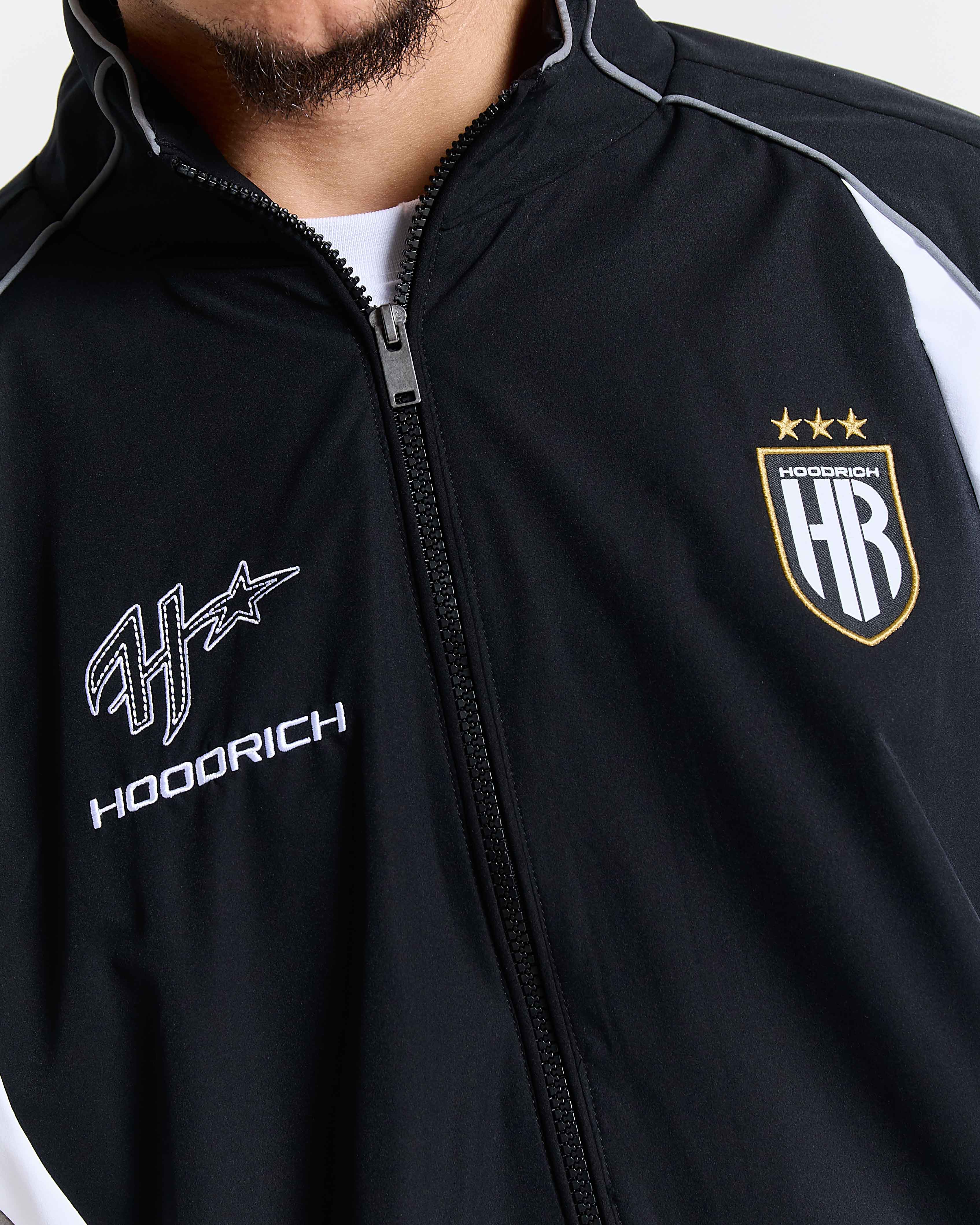 Black jacket with 'Hoodrich' branding on a white background