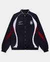 Black track jacket with red and white accents on a light gray background