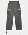 Gray cargo pants with brand logo on a white background