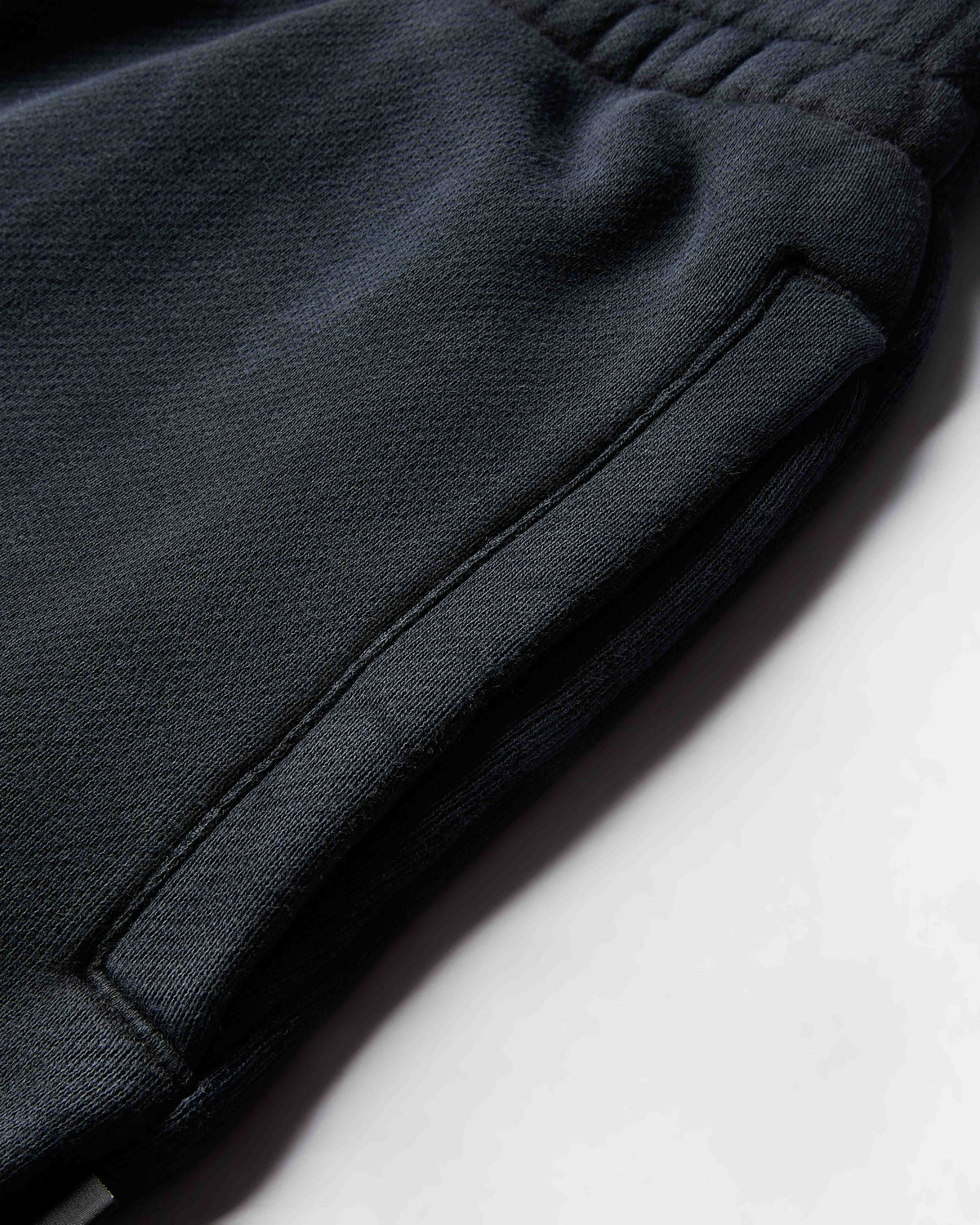 Close-up of dark gray sweatpants on a white background