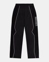 Black pants with white piping and branding on a light gray background