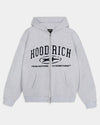 Relaxed grey marl zip-up hoodie featuring dark blue varsity-style Hoodrich branding and the slogan 'From Nothing To Something'