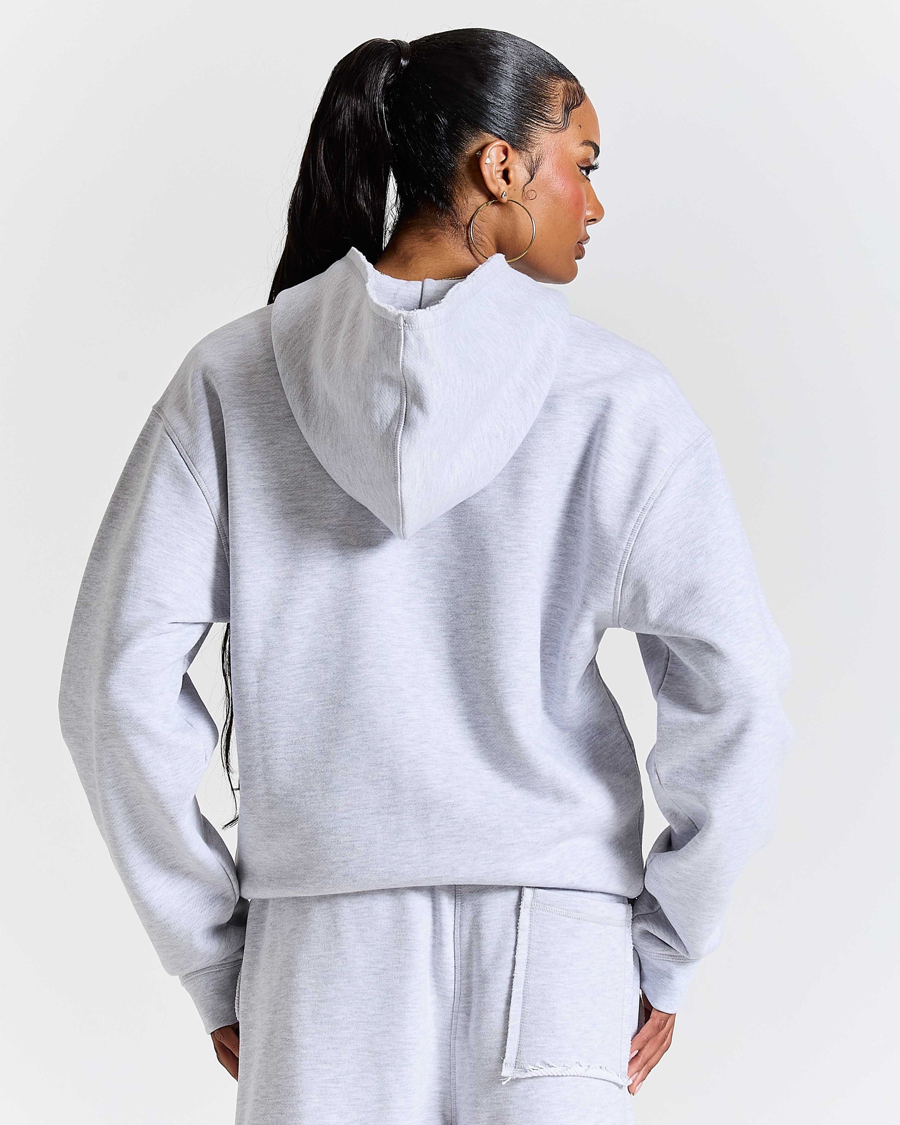 Fray Zip Relaxed Fit Hoodie - Grey Marl