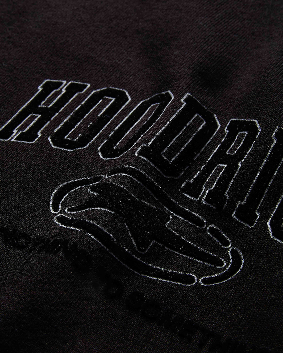 Black hoodie with 'Hoodrat' text and hand graphic on a black background