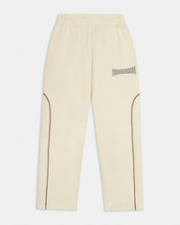 Beige pants with a brand logo on a light gray background