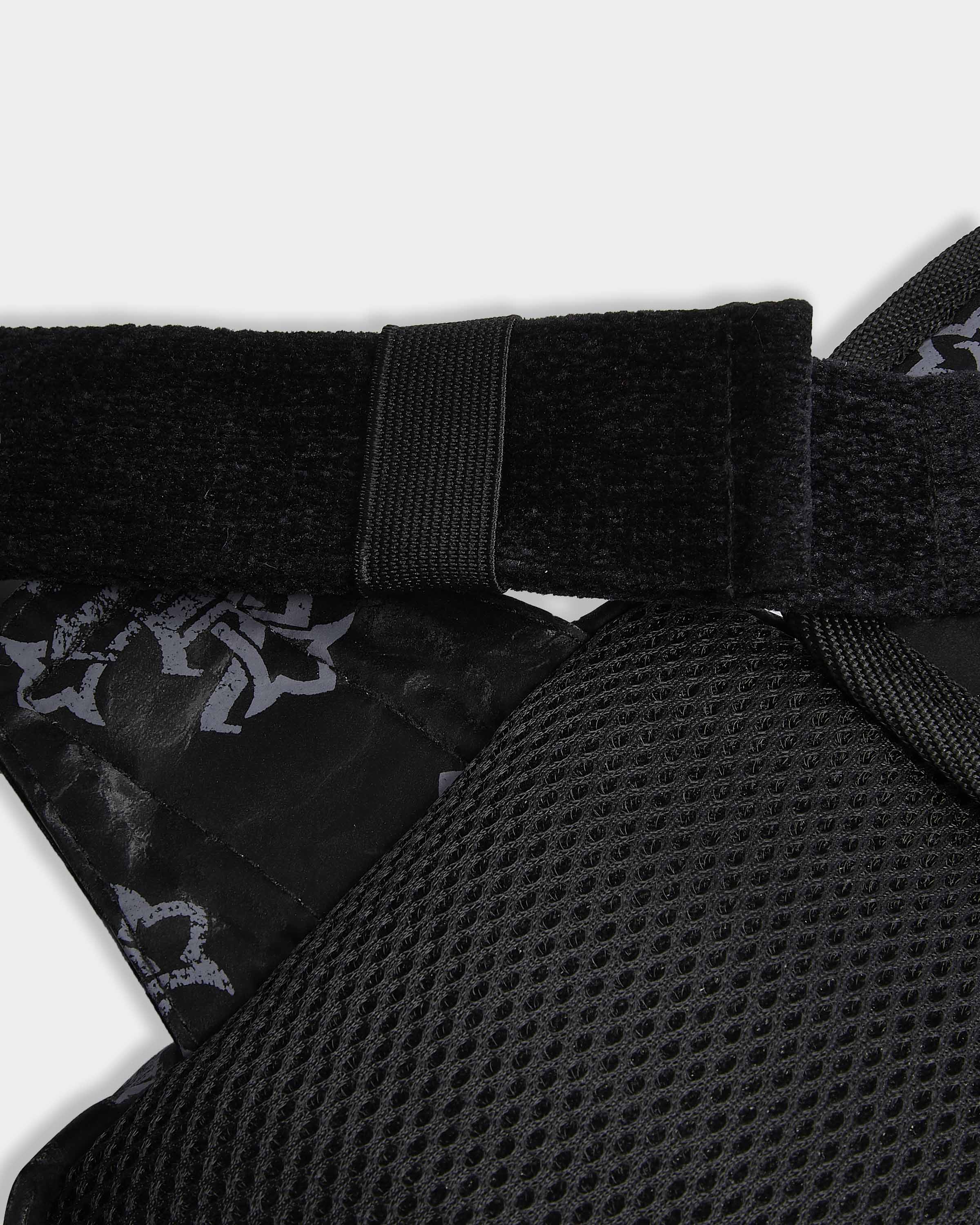 Close-up of a black protective pad with a strap on a white background