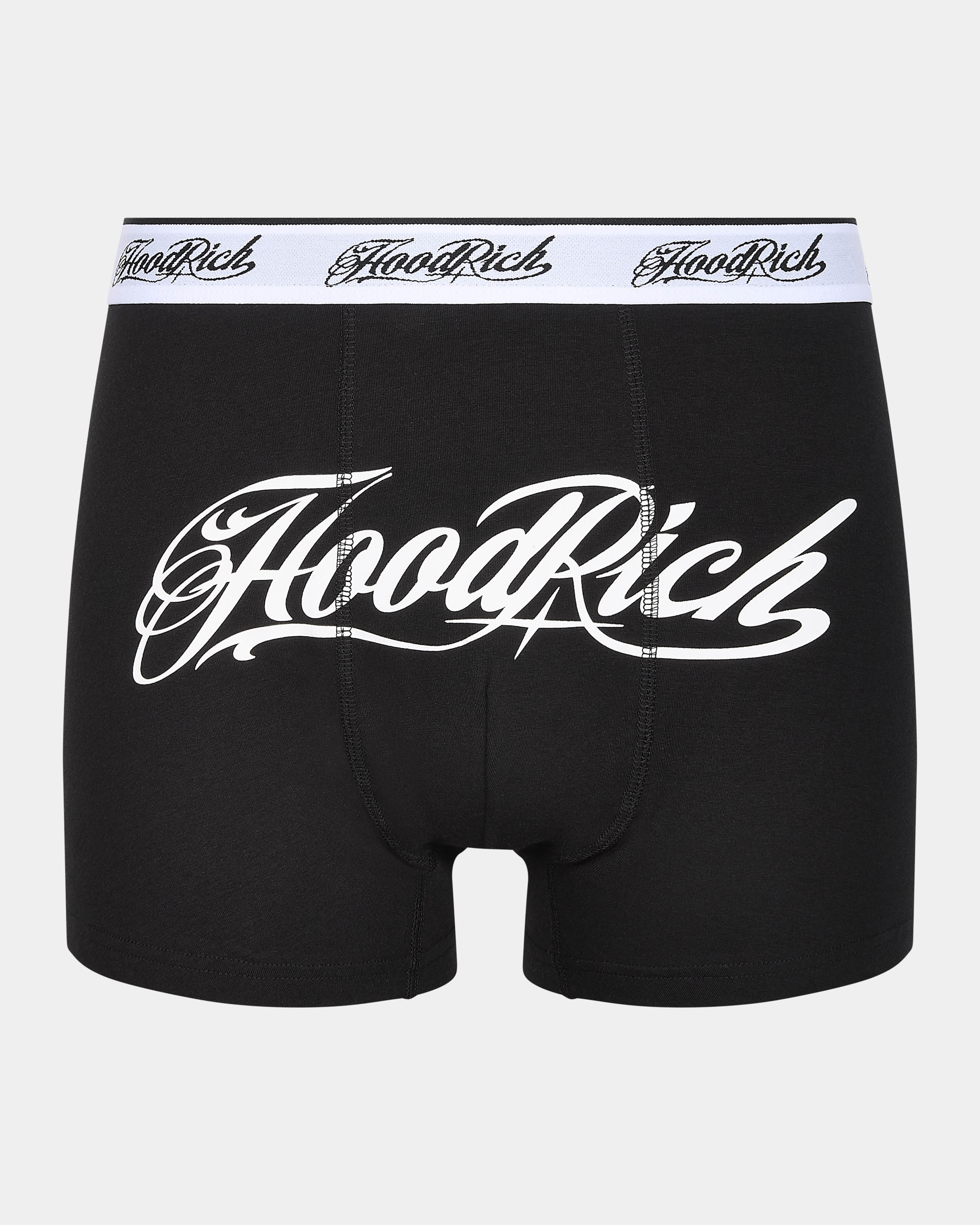 Black boxer briefs with 'Hood Rich' branding on a white background