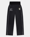 Black pants with logos on a light gray background