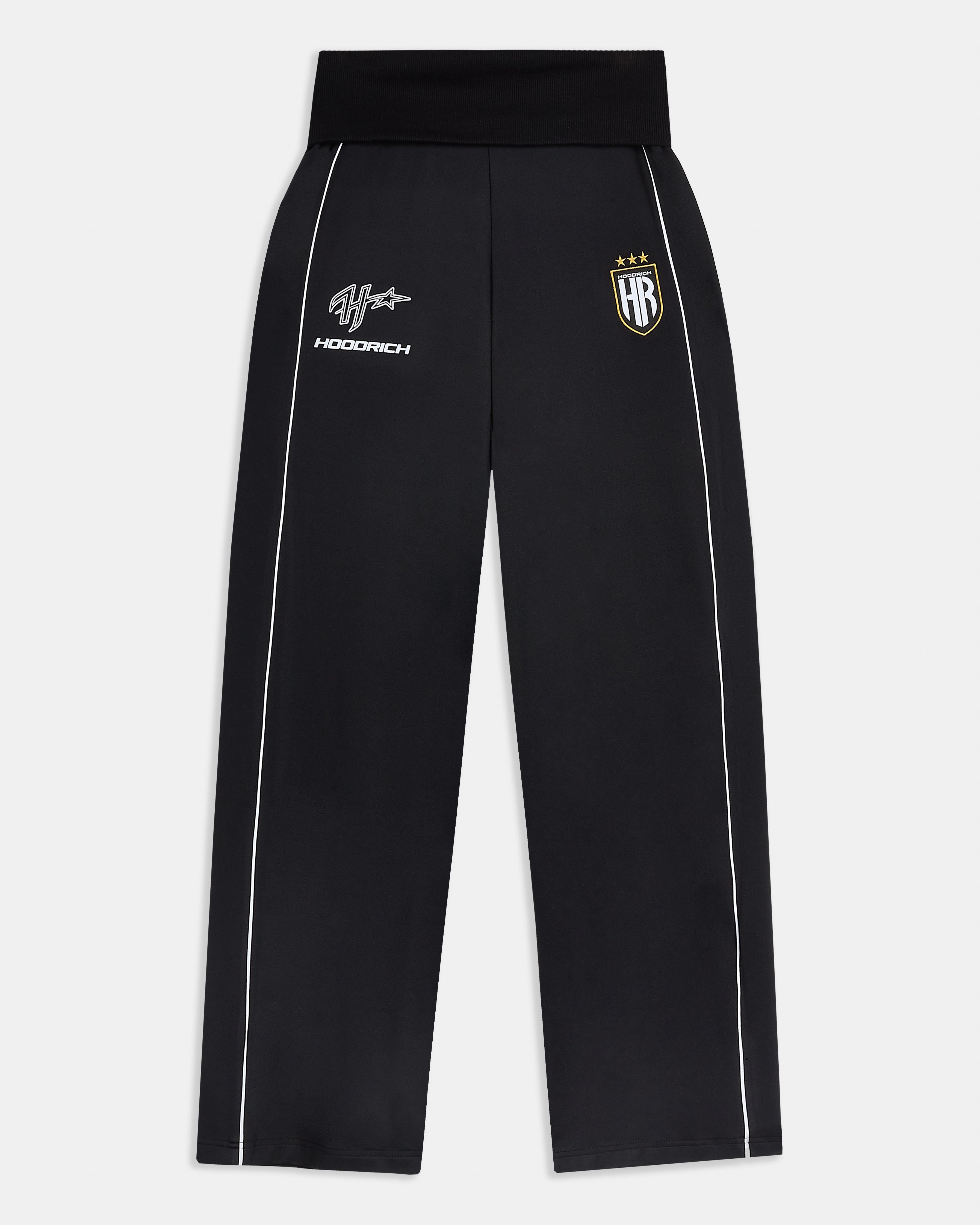 Black pants with logos on a light gray background