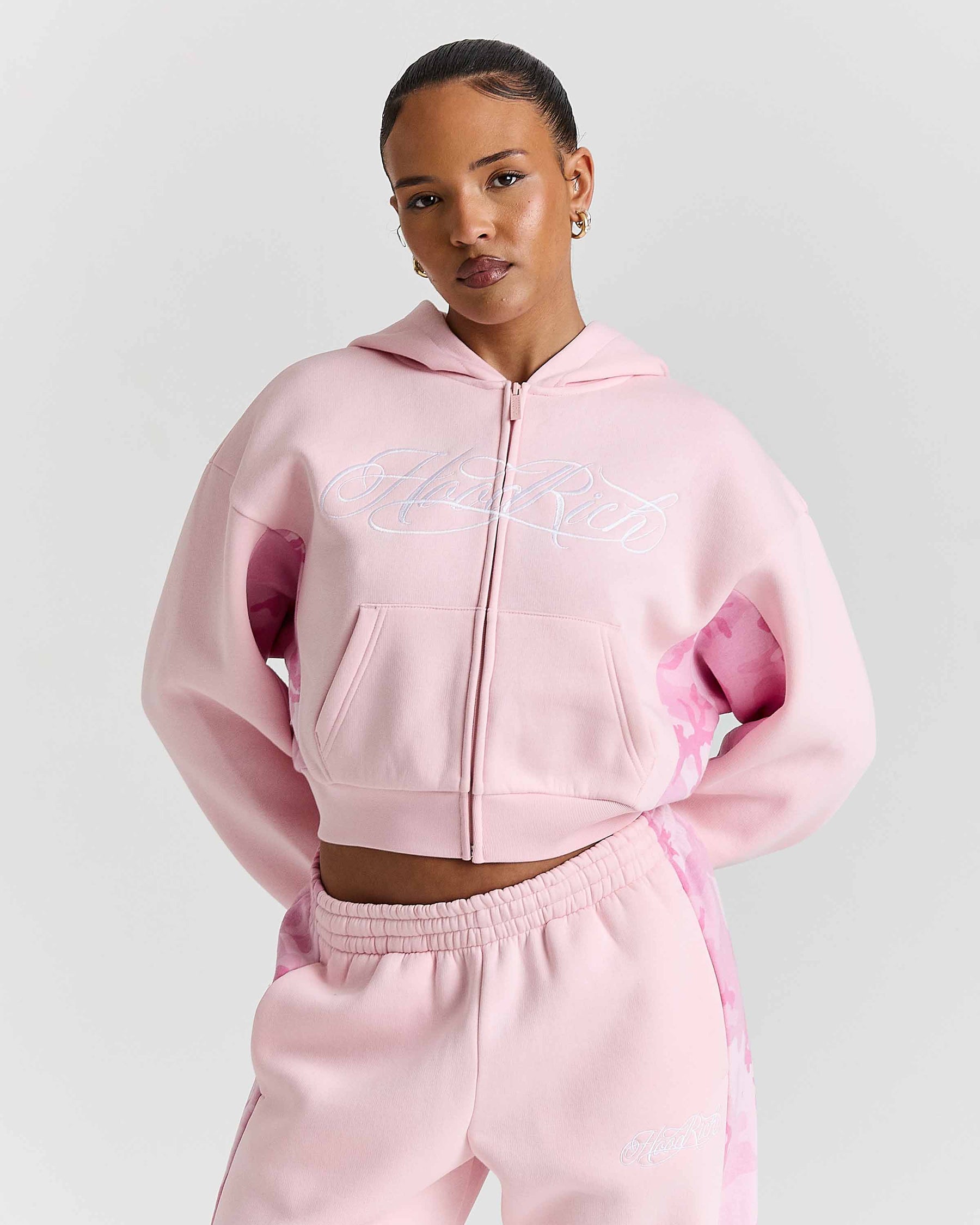 Field Boxy Zip Hoodie - Pink/White/Camo