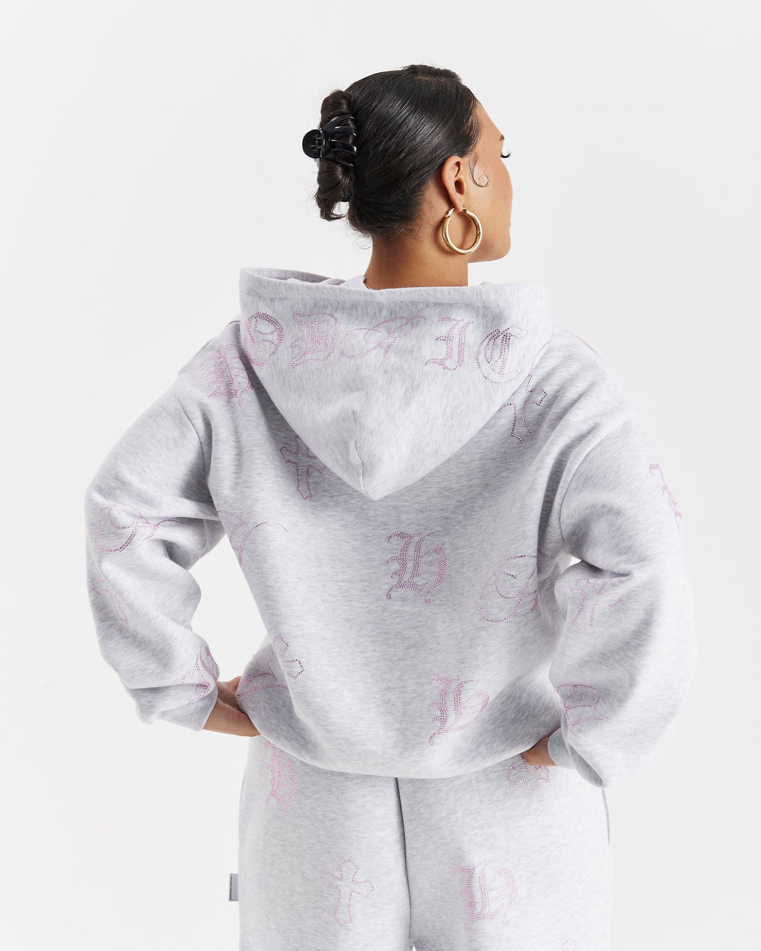 Crystal Zip Oversized Hoodie - Light Grey/Pink Rhinestone