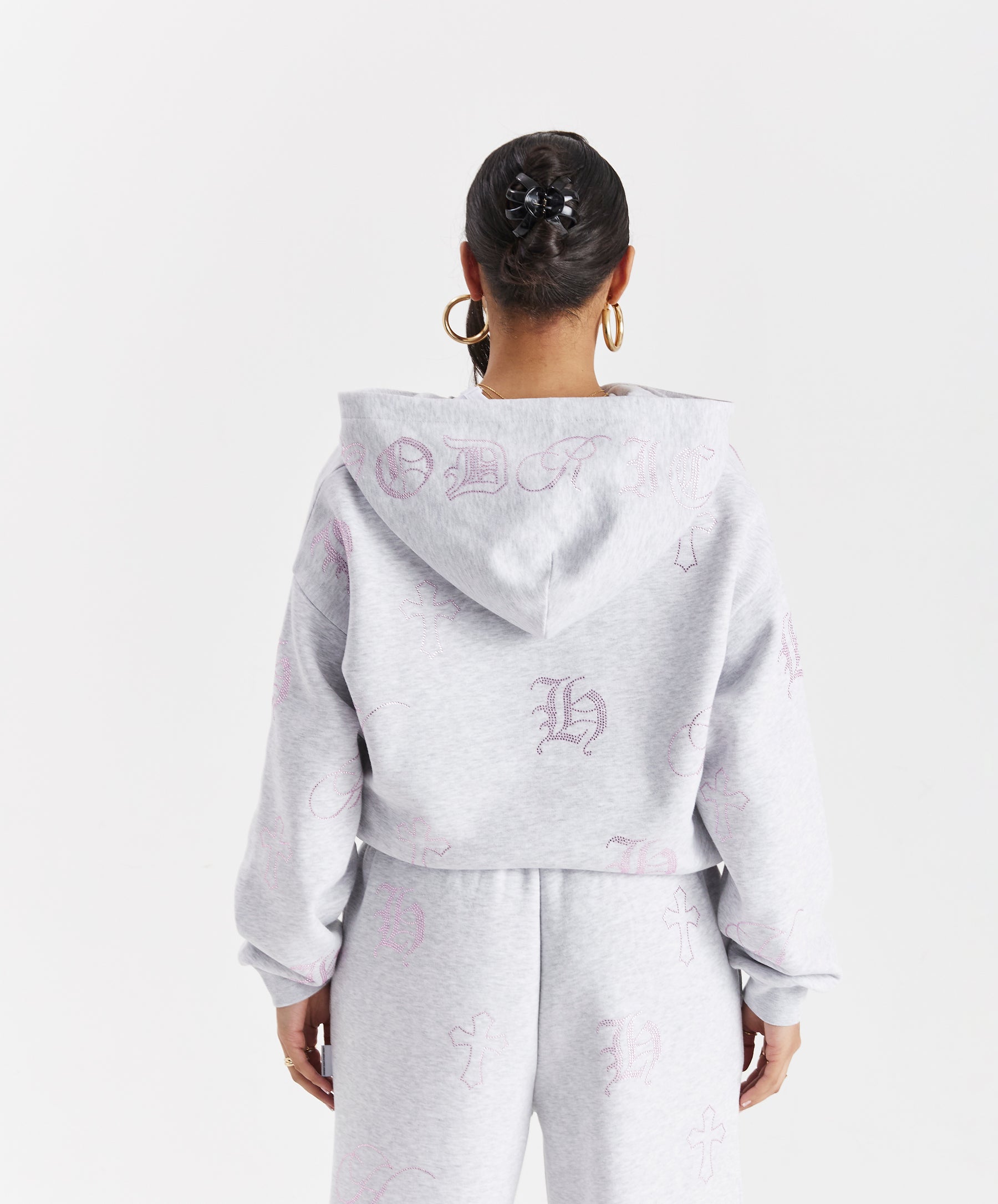 Crystal Zip Oversized Hoodie - Light Grey/Pink Rhinestone