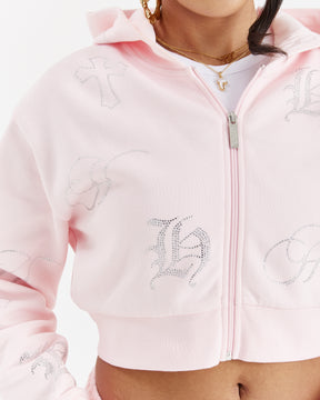 Crystal Cropped Zip Hoodie - Pink/Rhinestone