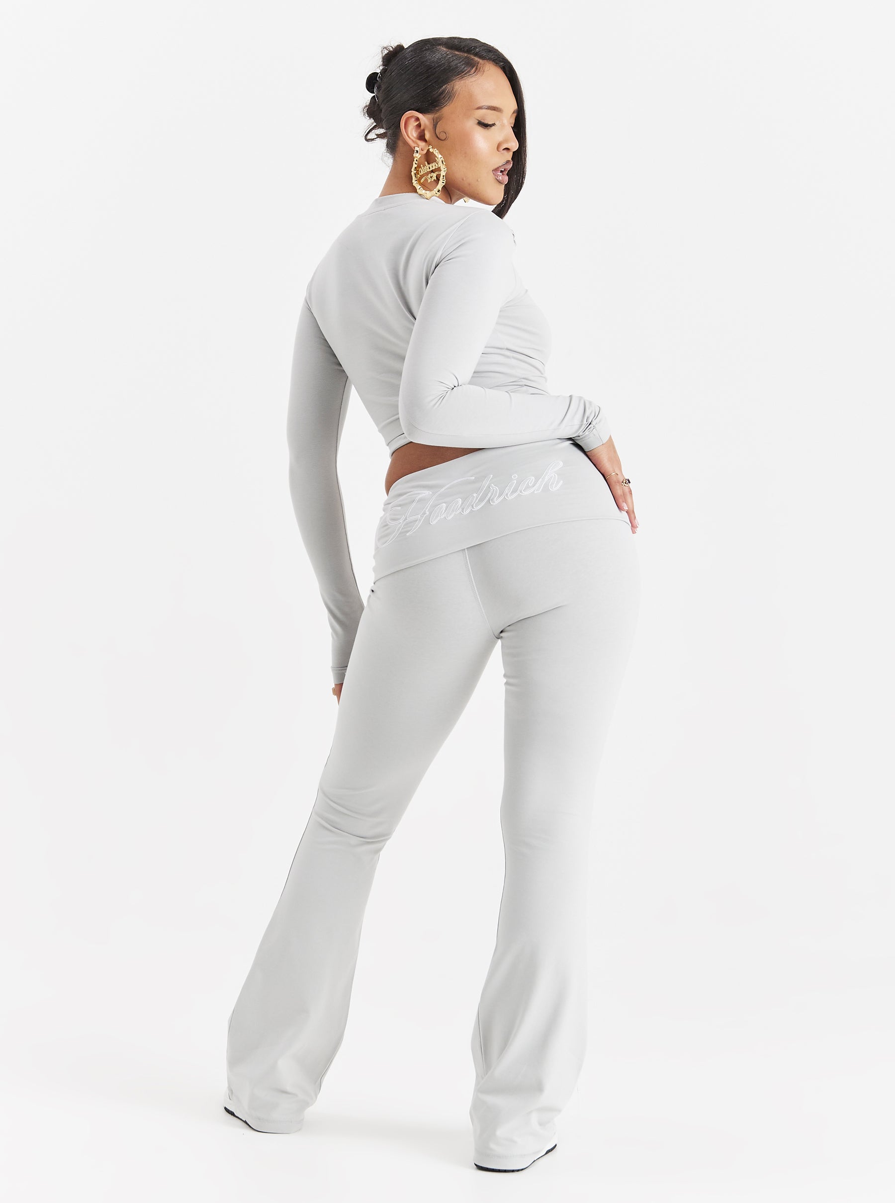 Poise Fold Waist Flare Leggings - Light Grey/White