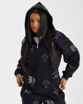 Crystal Zip Hoodie - Black/Silver Rhinestone