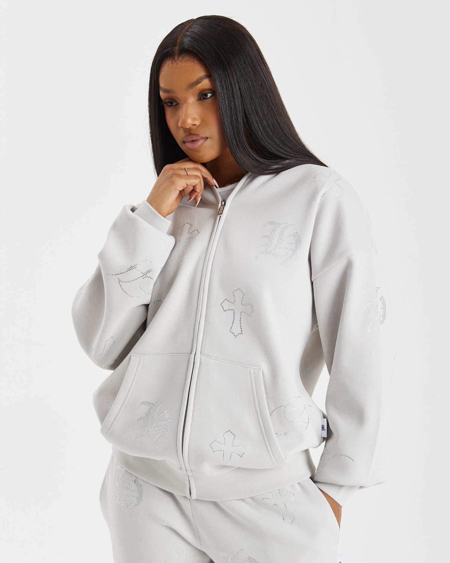 Crystal Zip Hoodie - Grey/Silver Rhinestone