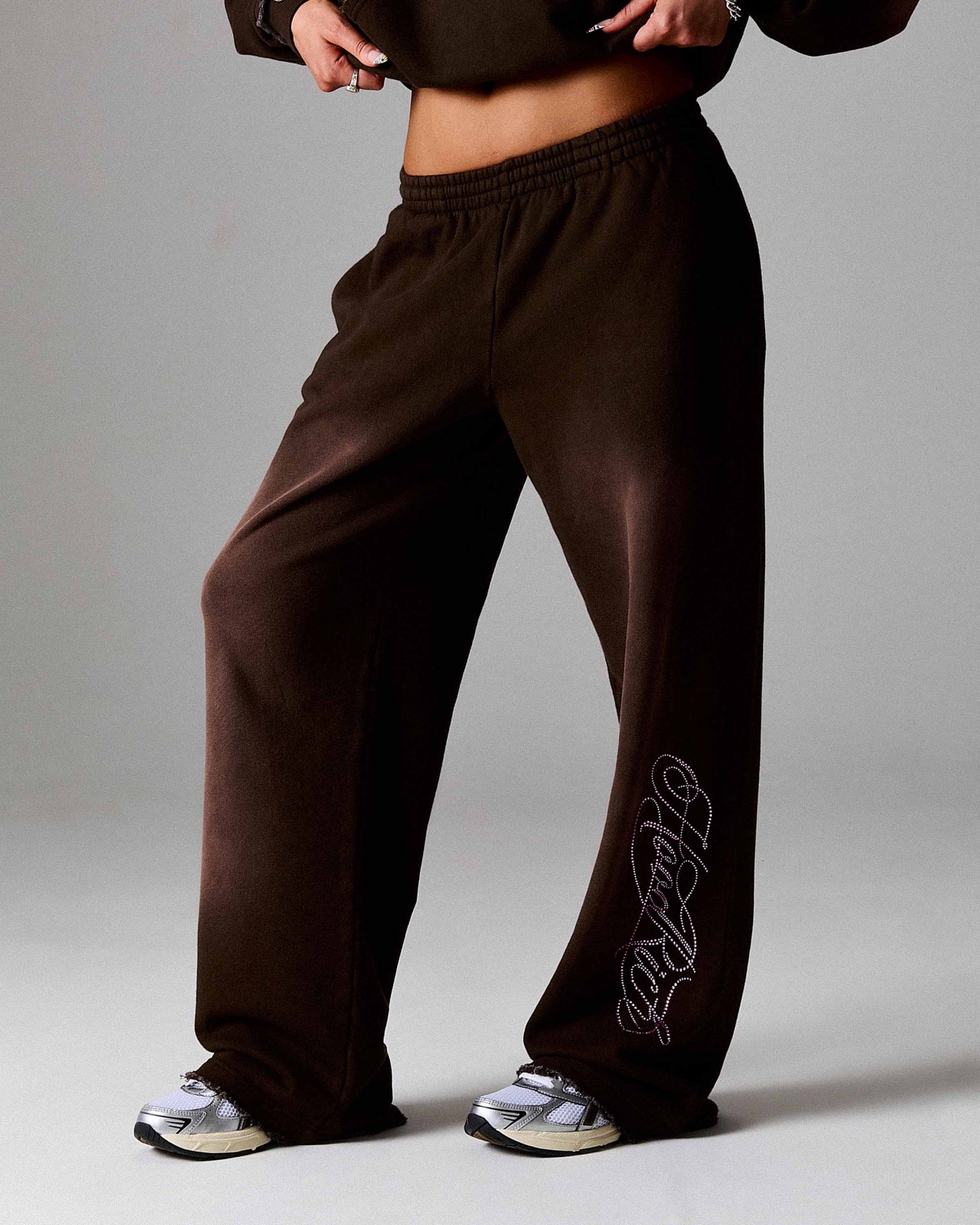 The Winner's Circle Amber Script Low Rise Oversized Wide Leg Joggers - Brown/Pink