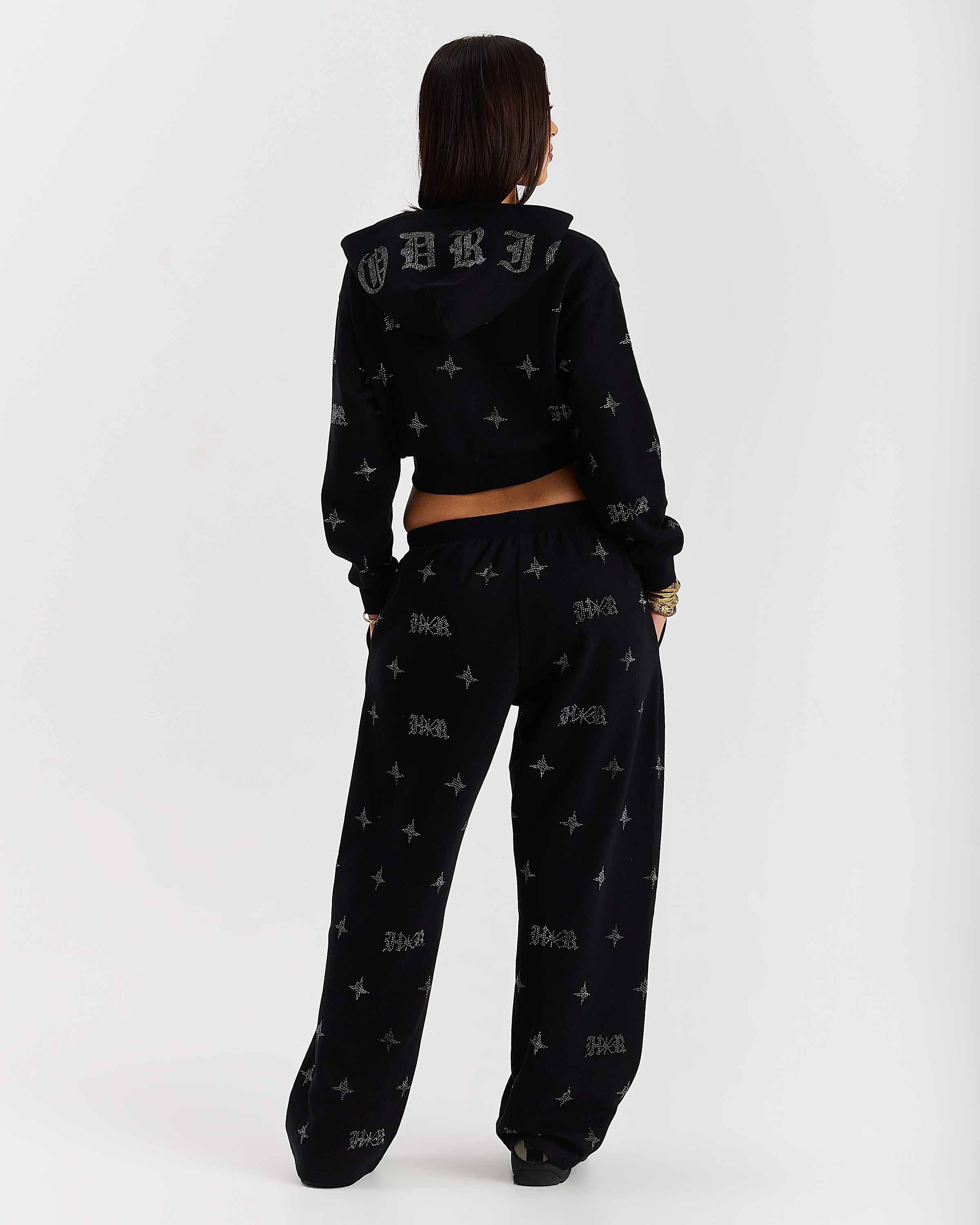Razor Oversized Wide Leg Joggers - Black/Rhinestone