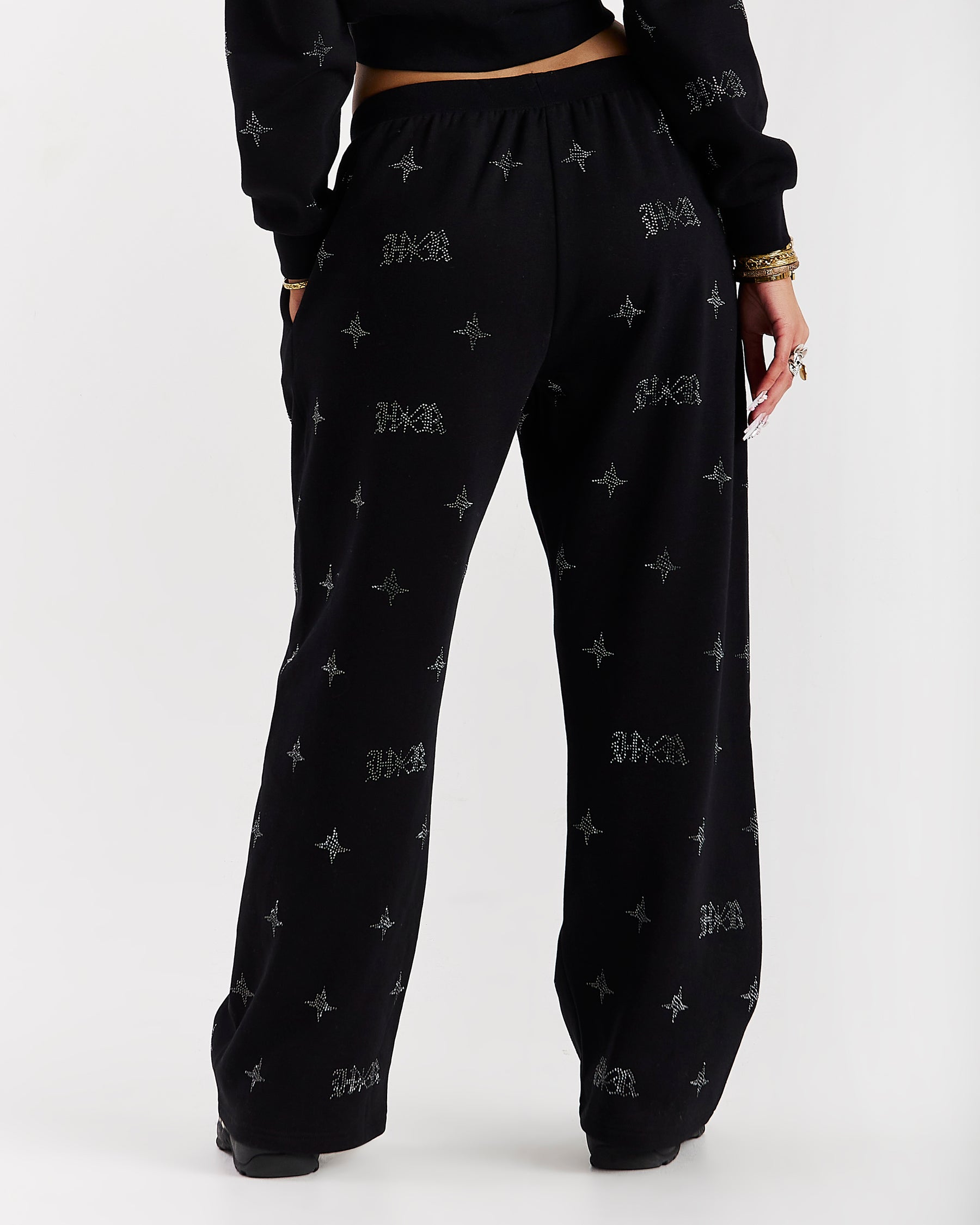 Razor Oversized Wide Leg Joggers - Black/Rhinestone