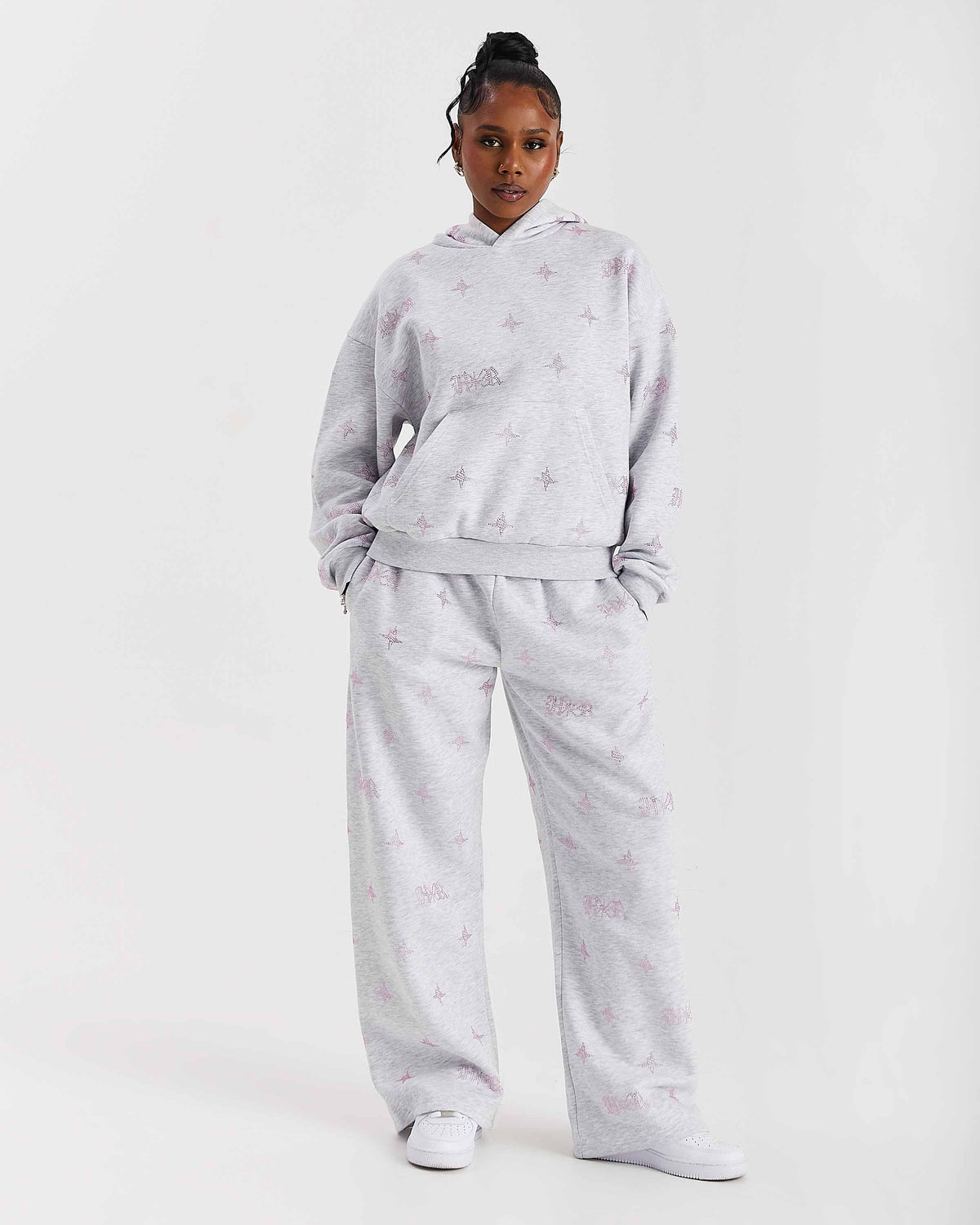 Razor Oversized Wide Leg Joggers - Light Grey/Rhinestone