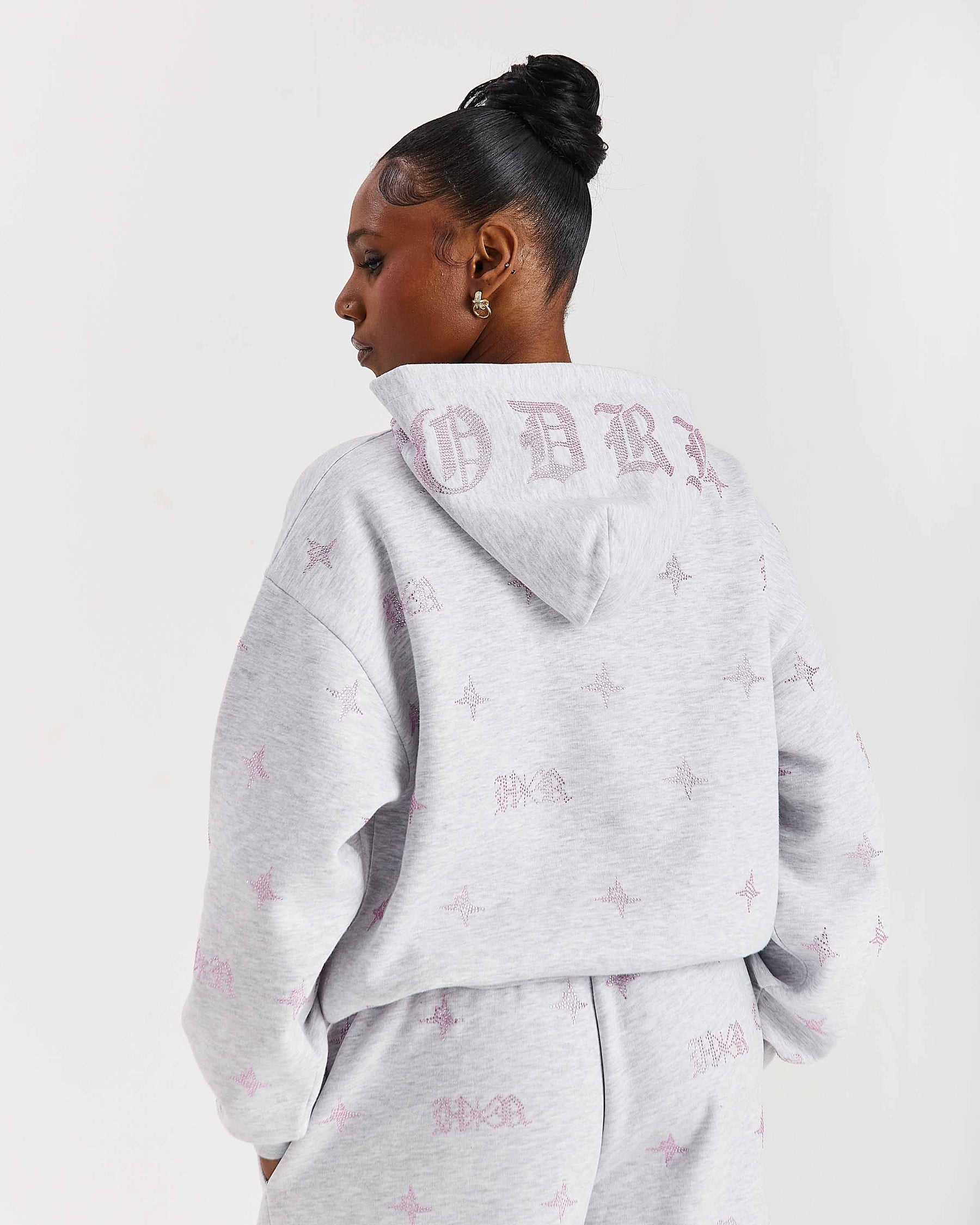 Razor Mid Length Hoodie - Light Grey/Rhinestone
