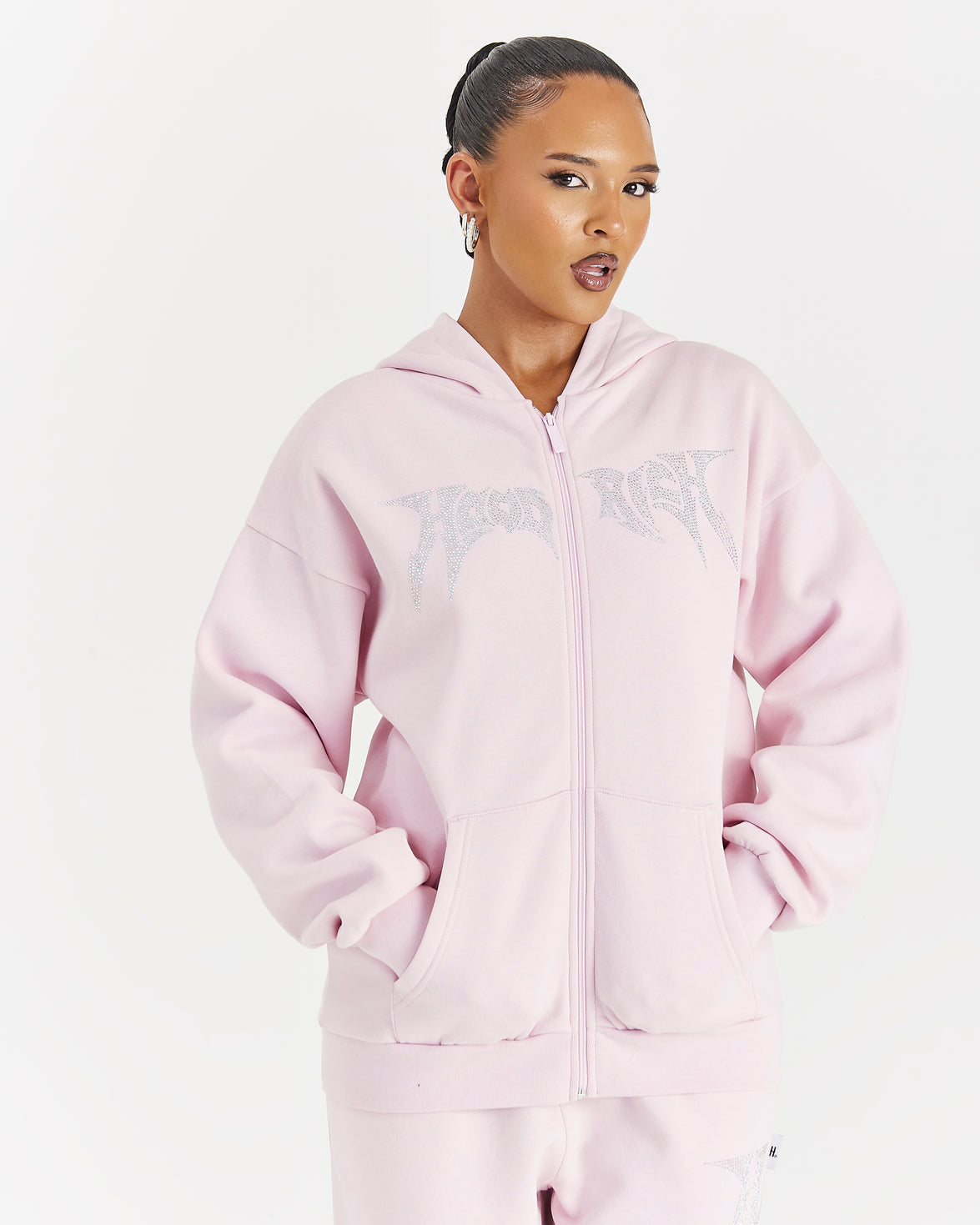 Lustre Oversized Zip Hoodie - Pink/Rhinestone