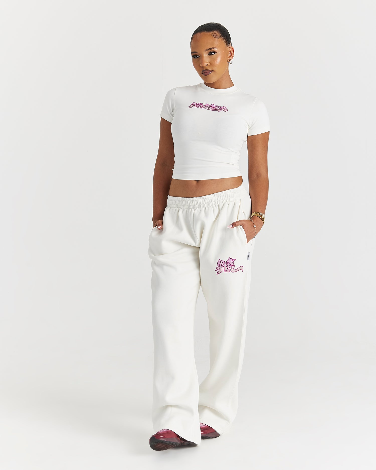 Lucky Oversized Wide Leg Joggers - Cream/Pink